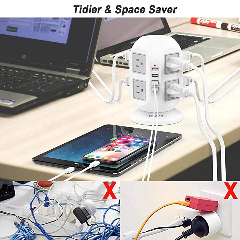 Power Strip Tower  Surge Protector 8 AC Outlets with 4 USB Ports Charging Station Long Extension Cord 10 Feet, Widely Spaced Multi Outlets, Circuit Breaker Safeguard for Home Office Dorm Room