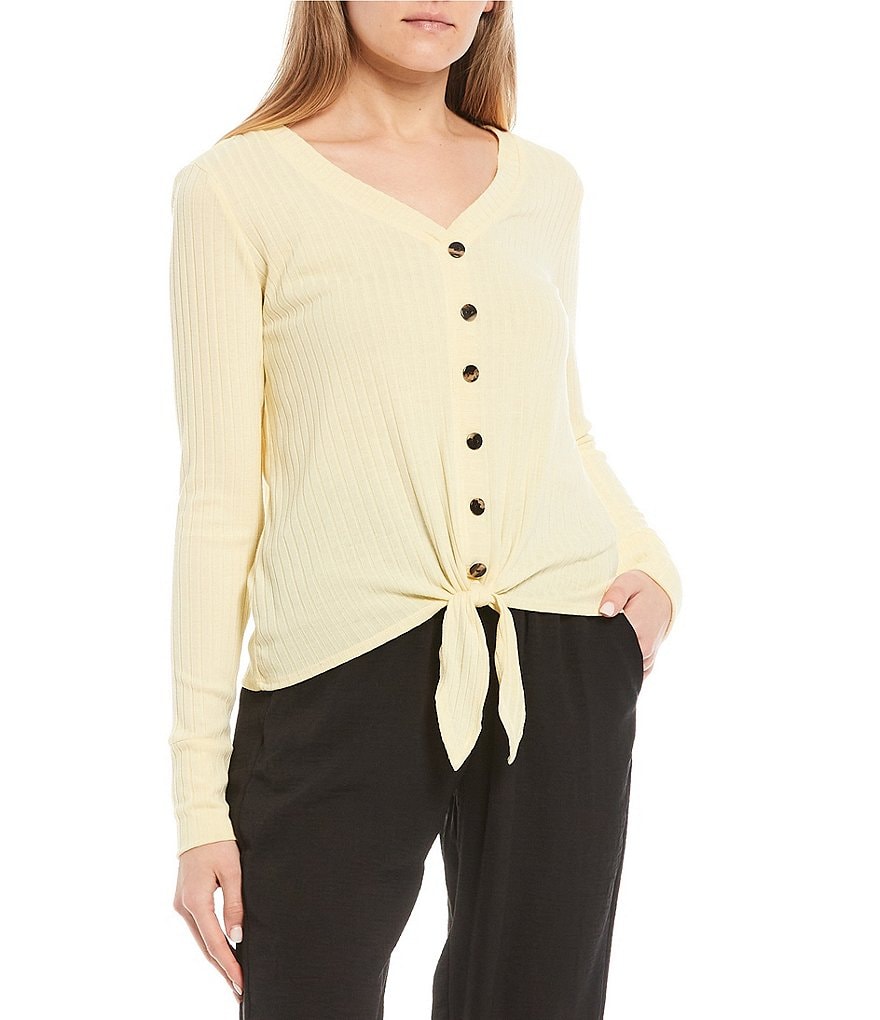 I.N. San Francisco V-Neck Tie Front Button Top