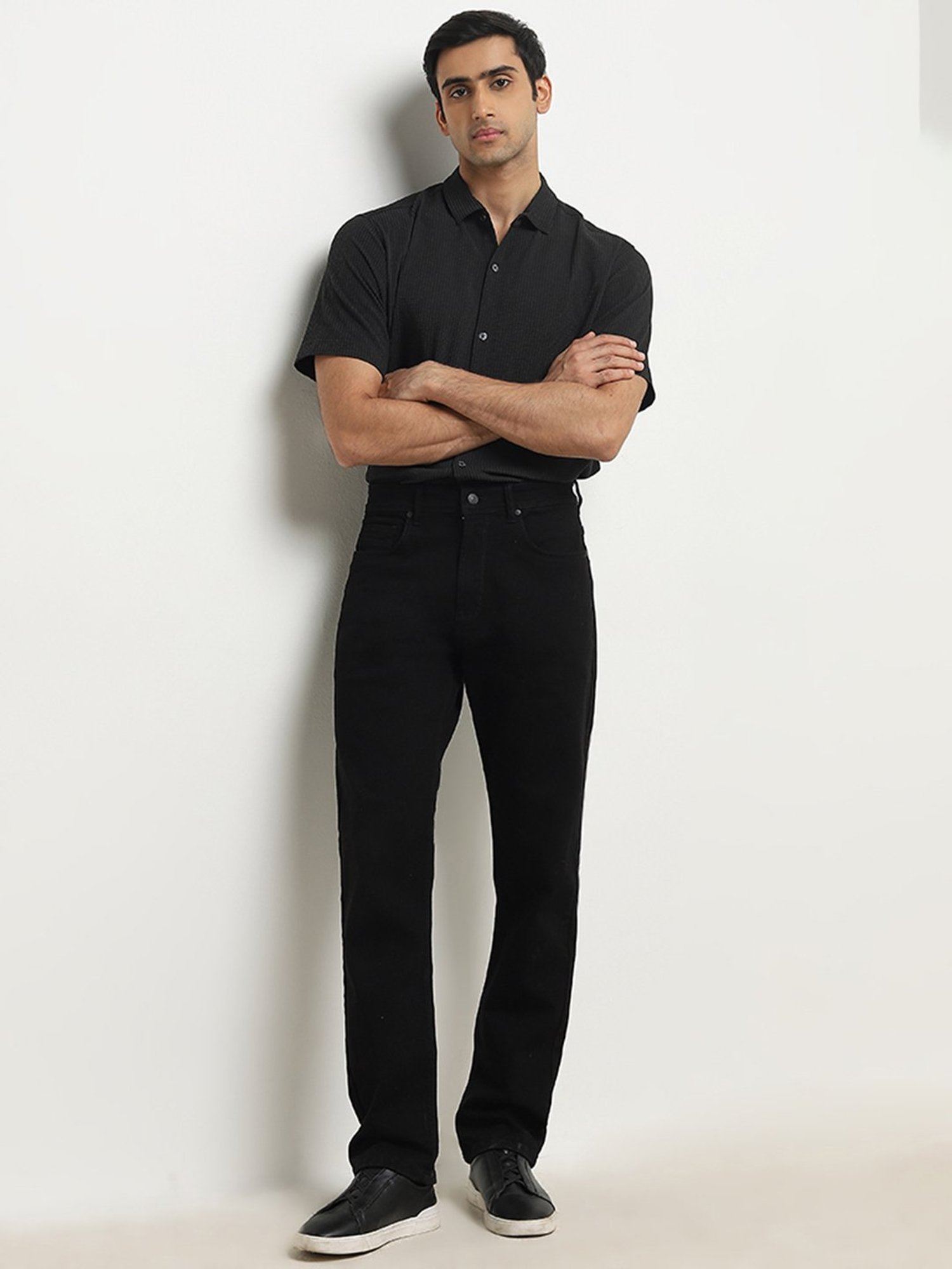 Ascot by Westside Black Striped Ribbed Relaxed-Fit Shirt