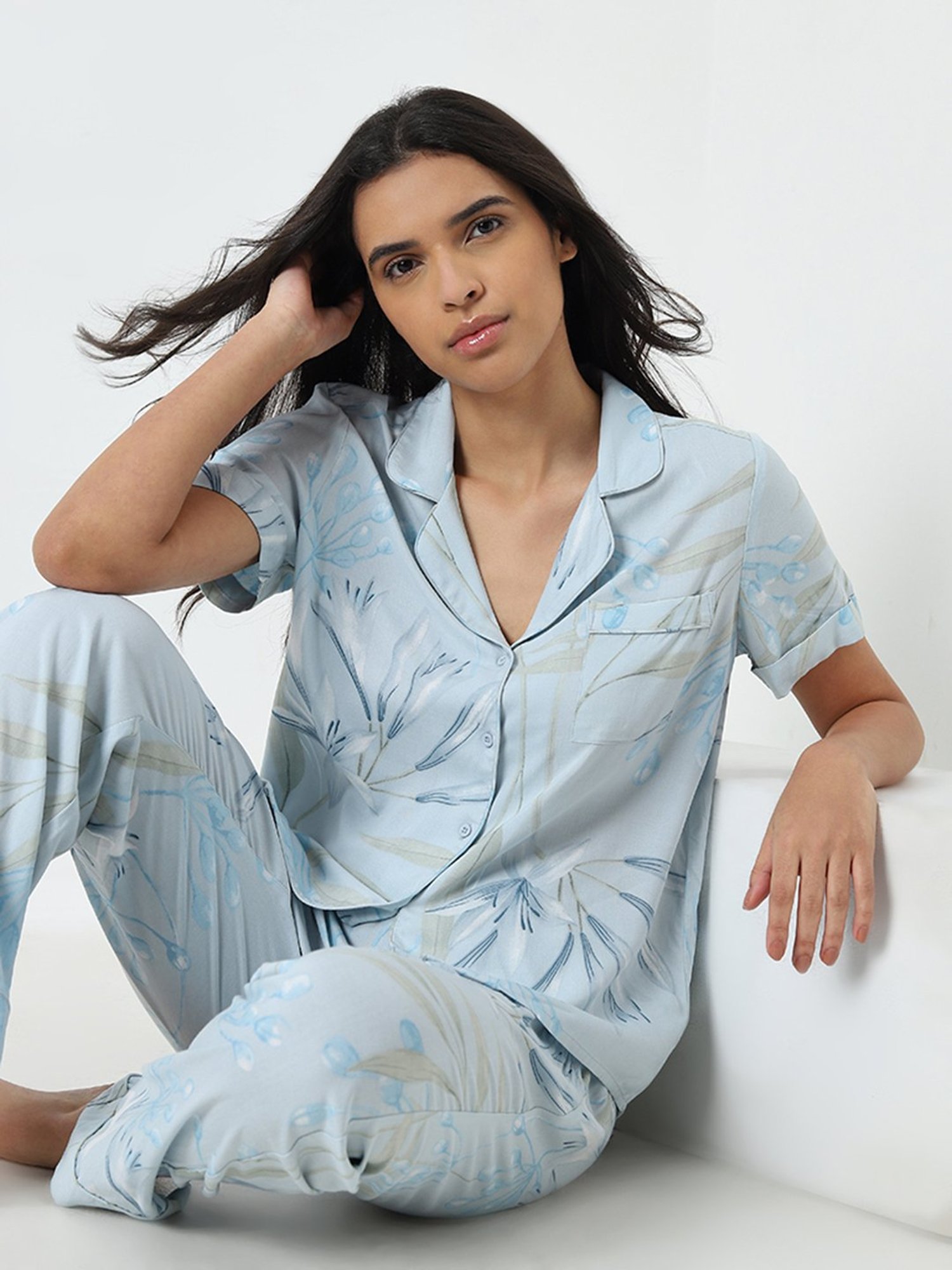 Wunderlove by Westside Light Blue Floral Shirt and Pyjamas Set