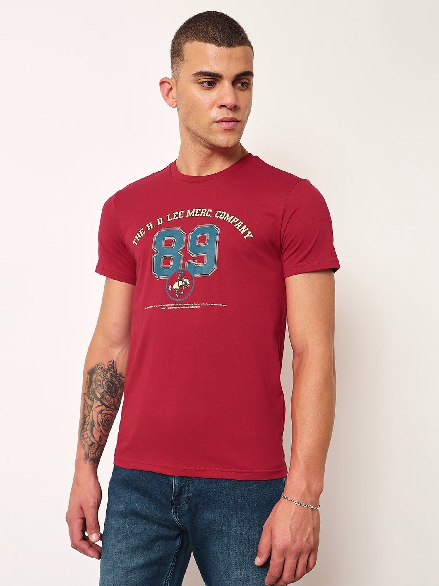 Lee Red Cotton Slim Fit Printed T-Shirt