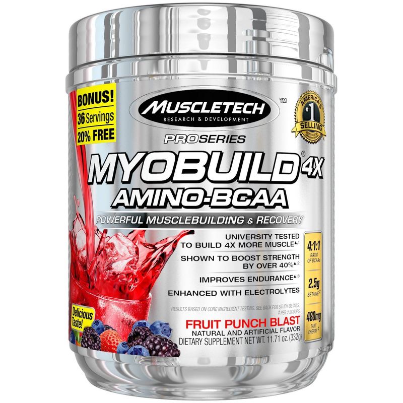 Muscletech Myobuild BCAA Amino Acids Recovery Supplement - Fruit Punch Blast - 11.71oz