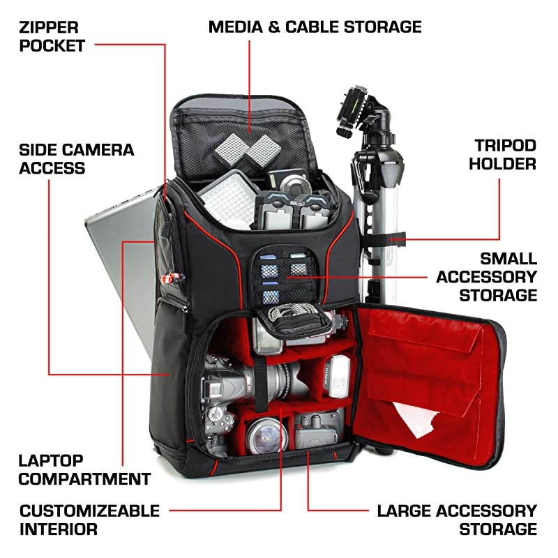 DSLR Camera Backpack Case - 15.6 inch Laptop Compartment, Padded Custom Dividers, Tripod Holder, Rain Cover, Long-Lasting Durability and Storage Pockets - Compatible with Many DSLRs (Black)