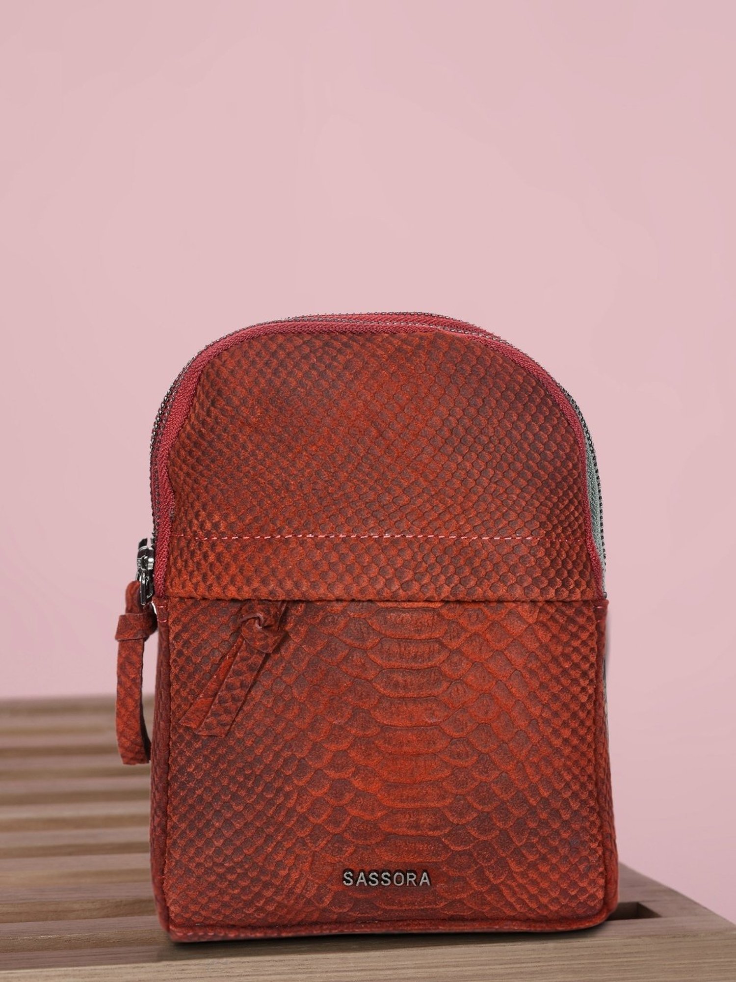 SASSORA Red MEI Animal Effect Small Leather Backpack