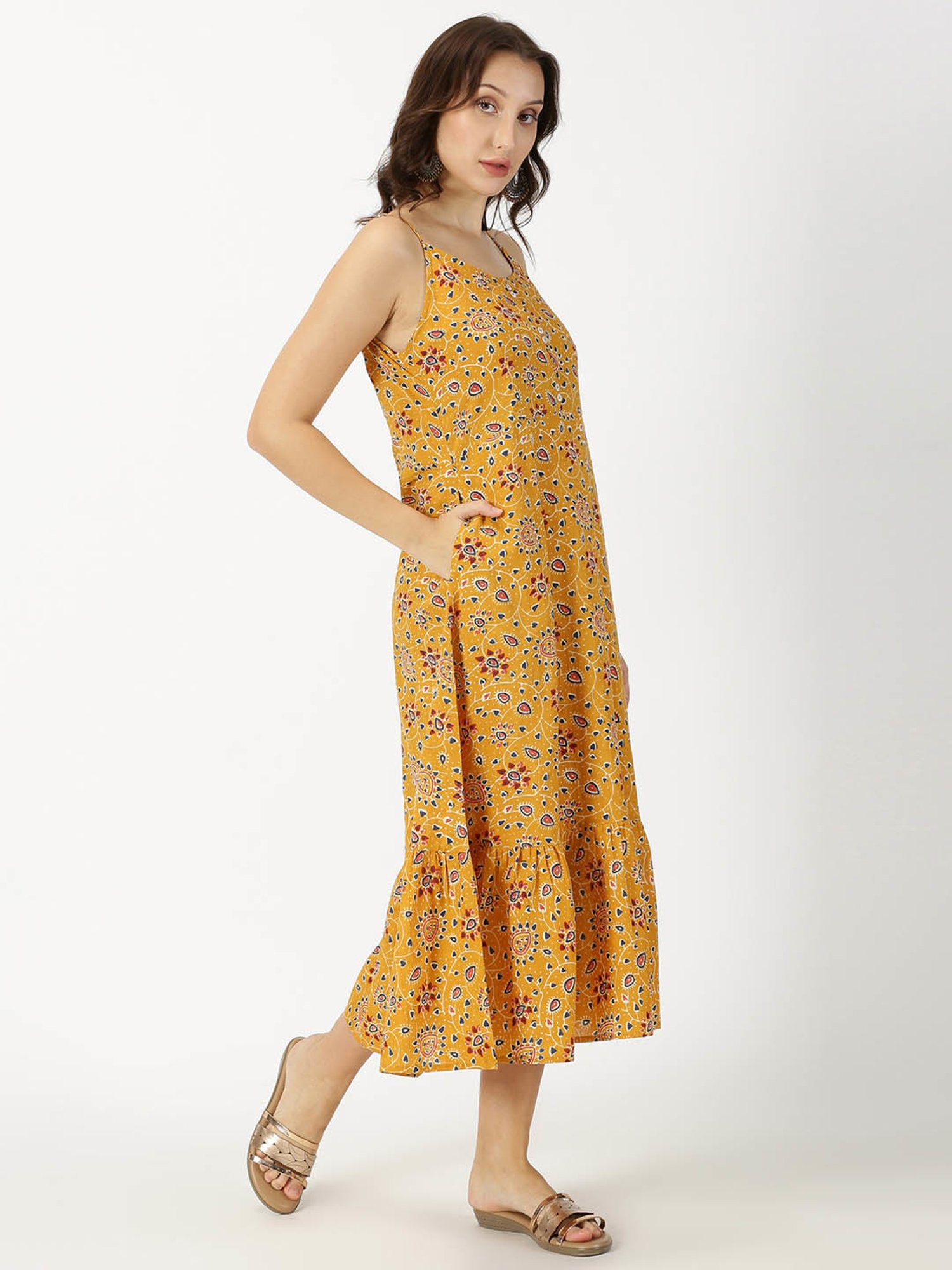 Saffron Threads Mustard Cotton Printed Ethnic Dress