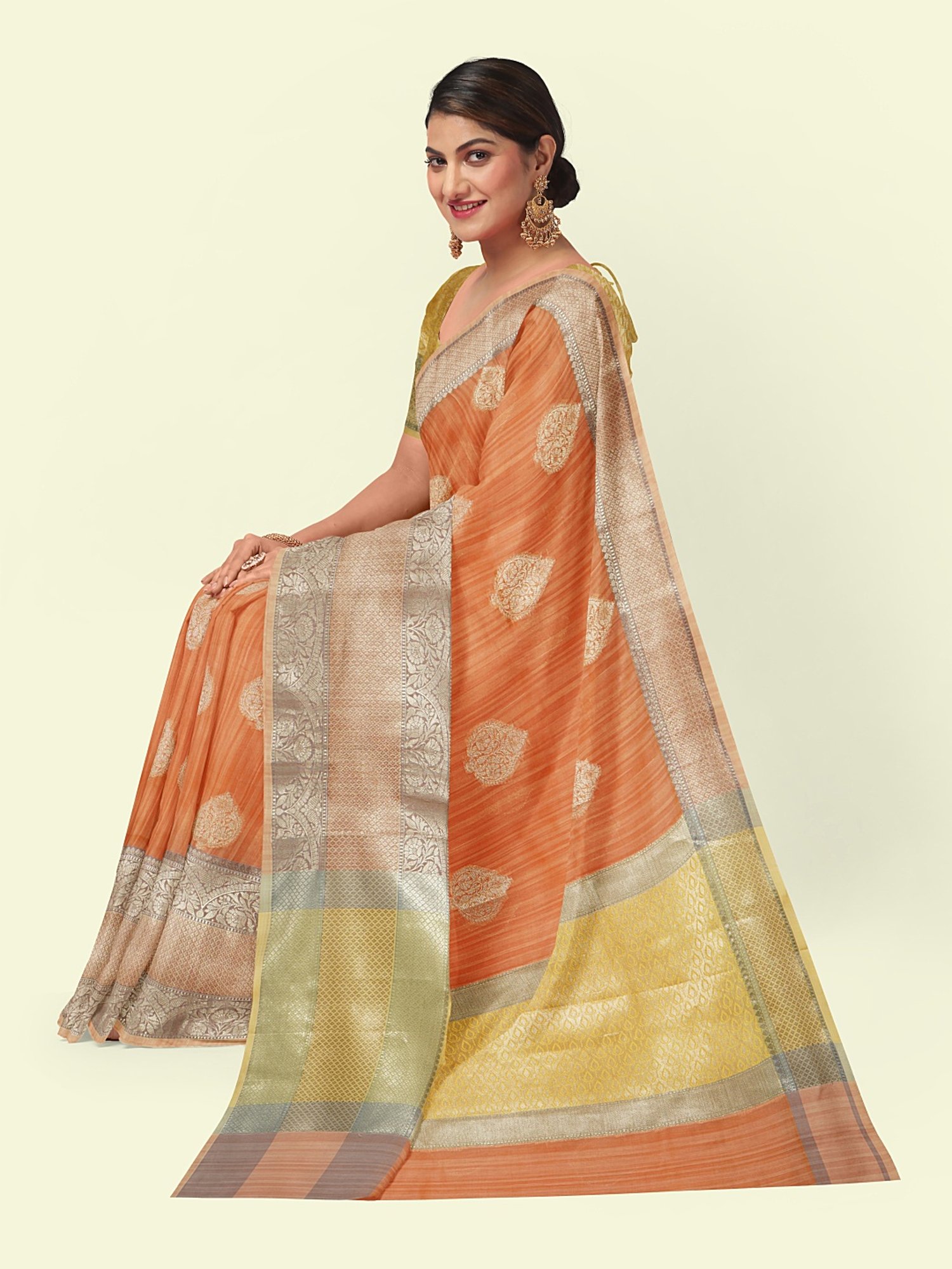 Banarasi Silk Works Peach Woven Saree With Unstitched Blouse