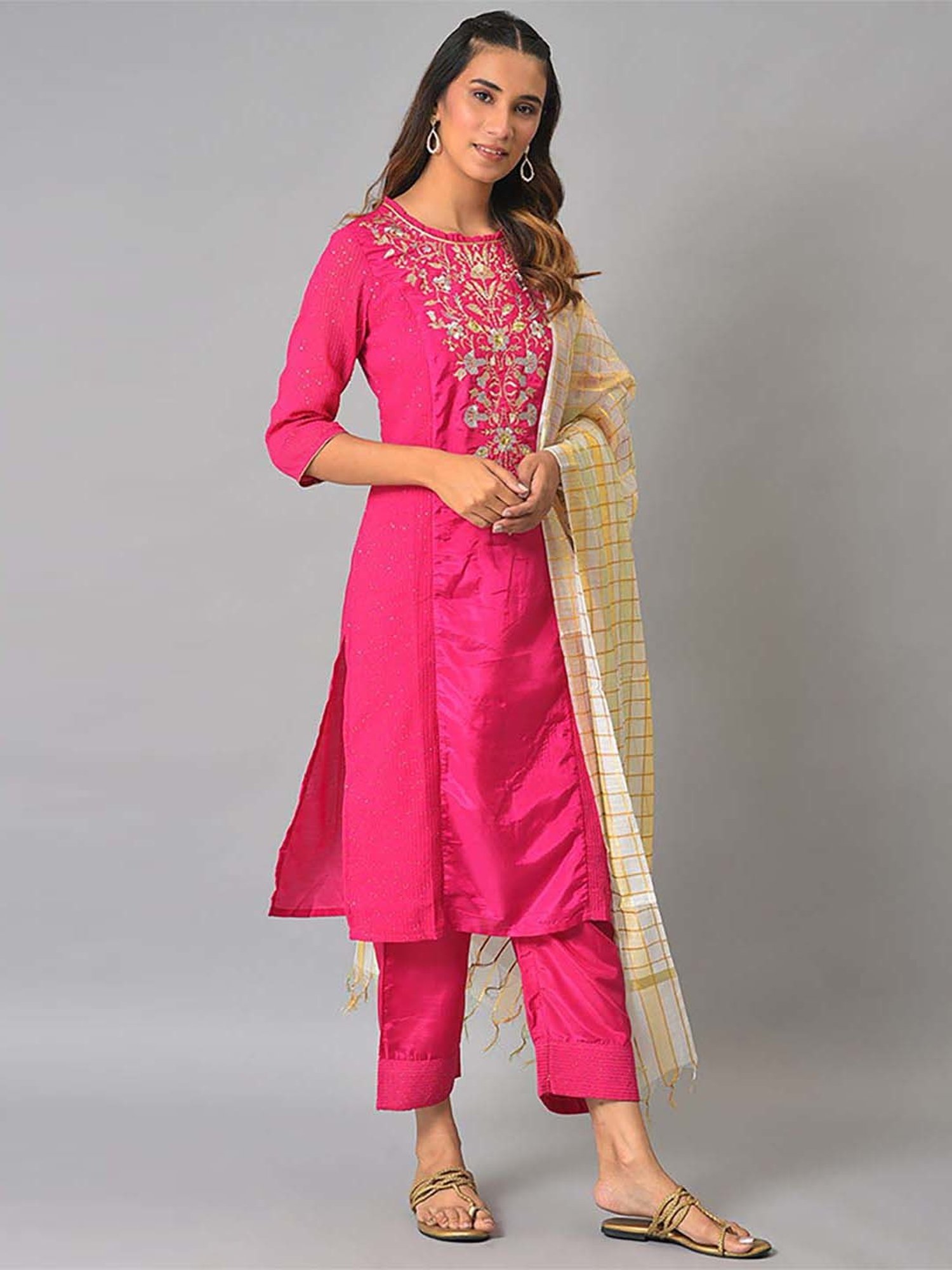 Aurelia Women Off White Solid Silk Kurta Set with Palazzo & Dupatta