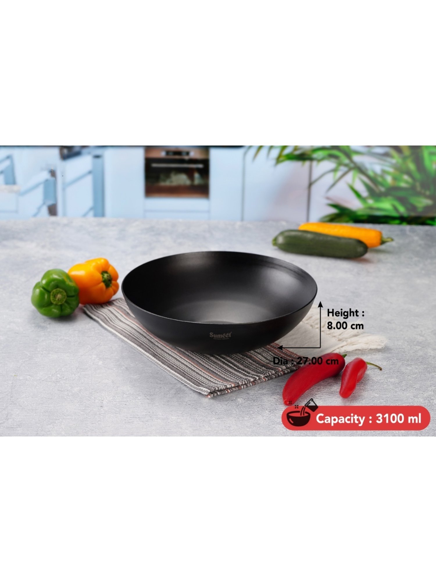 Sumeet Pre Seasoned Carbon Steel (Iron) Deep Tasra for Frying|27cm| 3100ml, Gas & Induction-Friendly