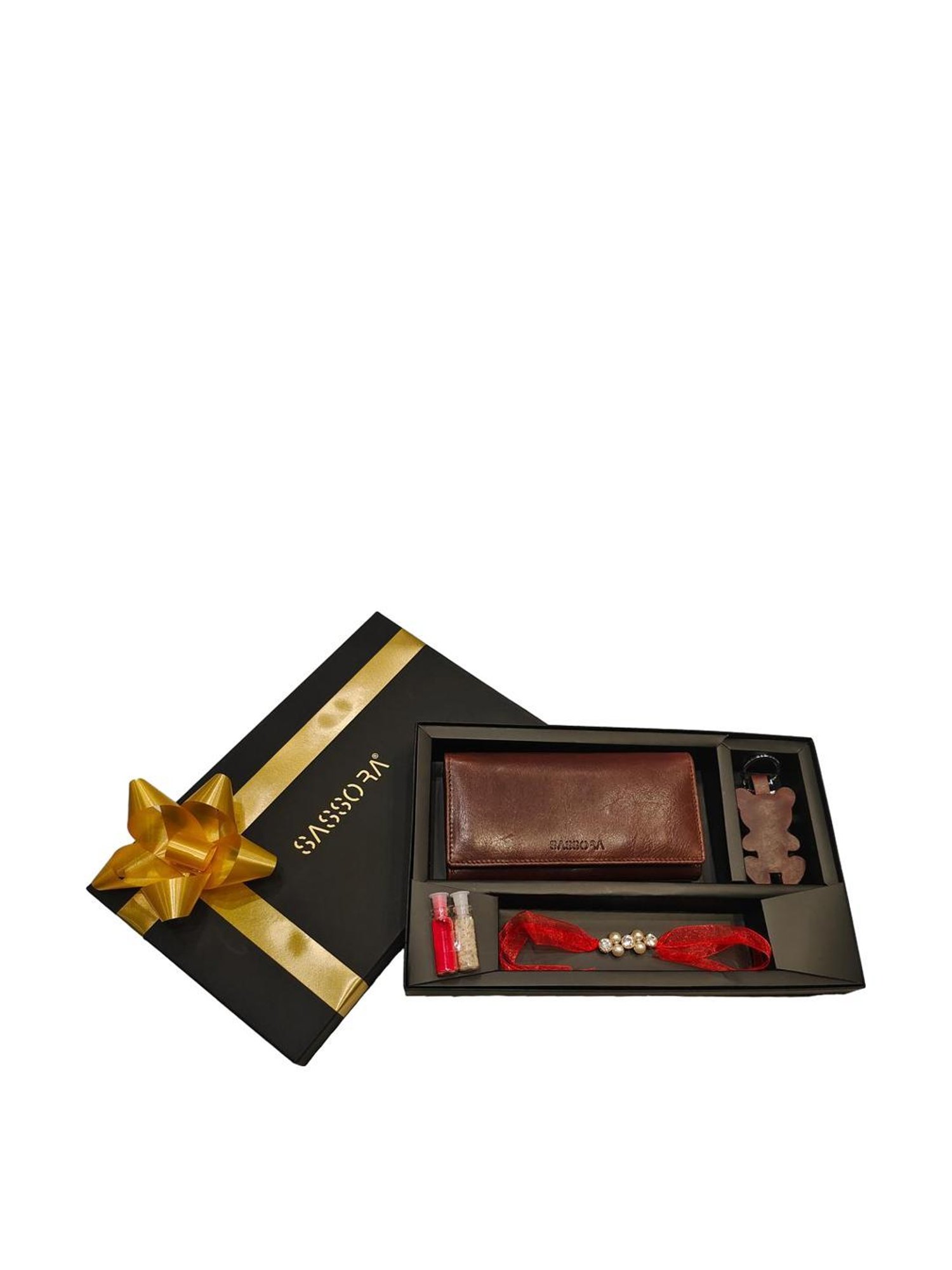 SASSORA Brown Solid Rfid Wallet, Keychain & Rakhi Combo Set