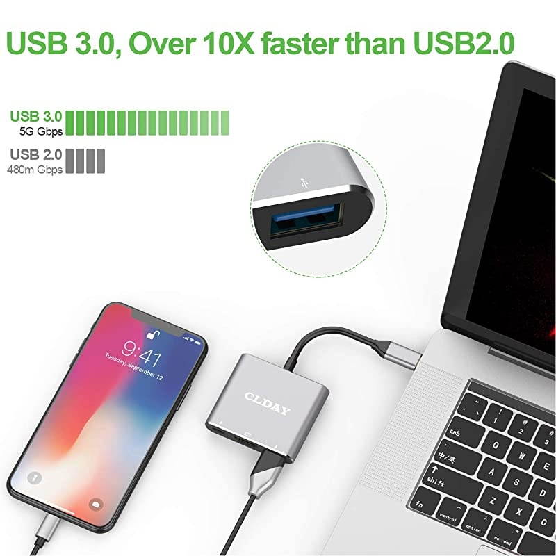 to HDMI Adapter CLDAY USB Type C to HDMI Multiport 3-in-1 with USB 3.0 Port and Fast Charging Power Port Compatible MacBook Sumsang Galaxy S8/S9/S10 Yoga 900/Lumia 950Xl HDMI Hub Adapter