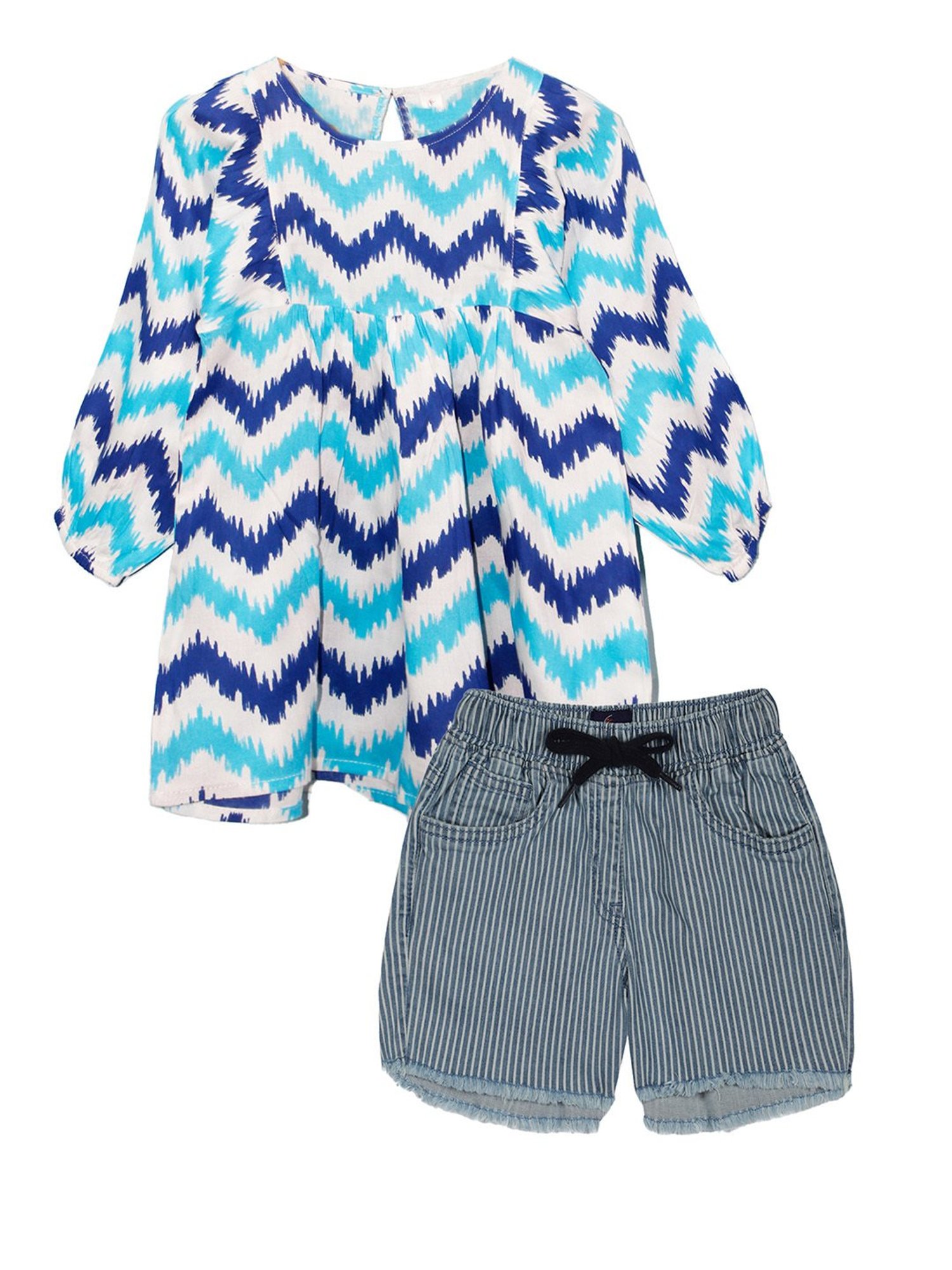 Kiddopanti Kids White & Blue Printed Kurti with Shorts