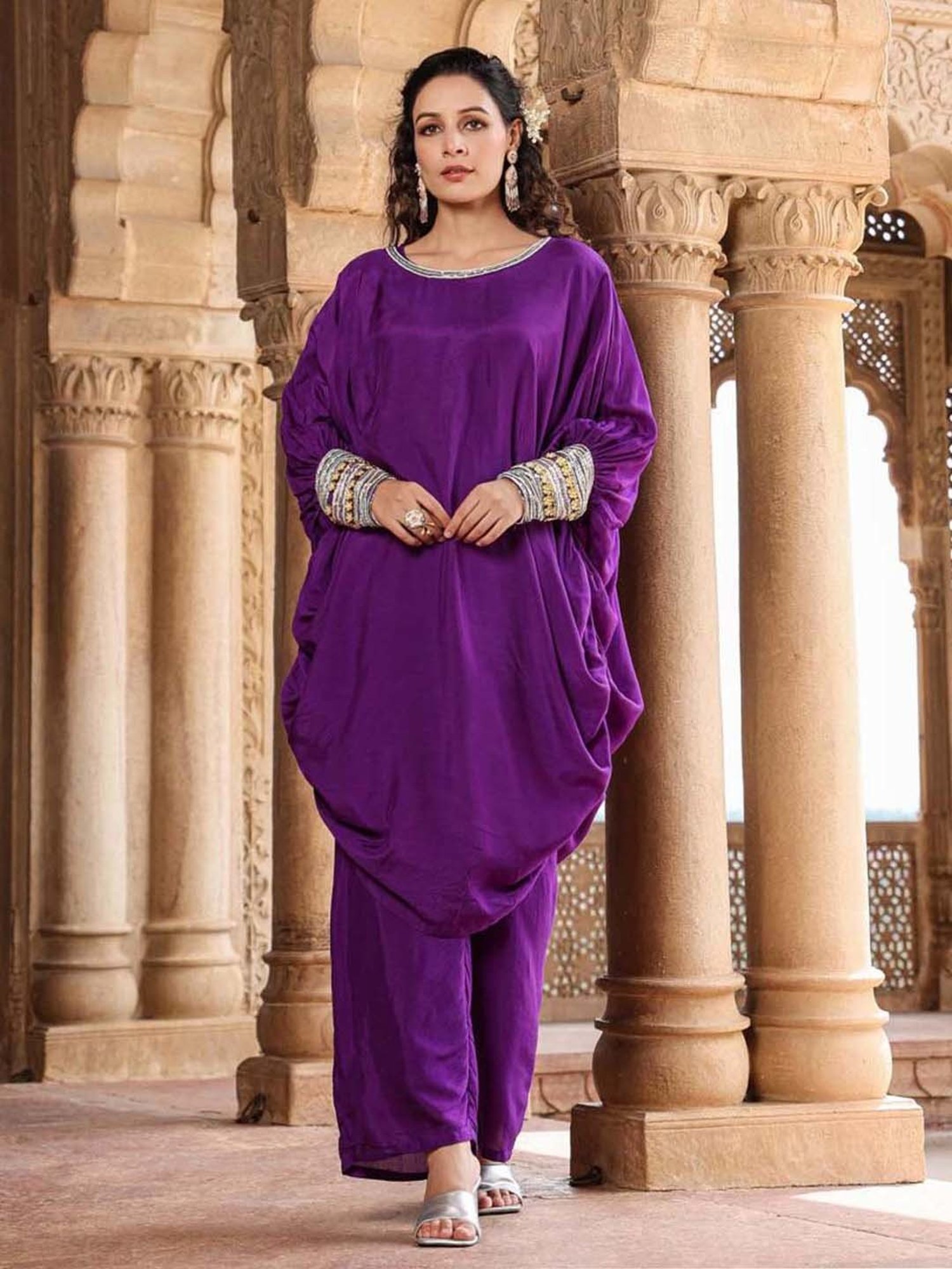 SCAKHI Purple Embellished Tunic Pant Set With Camisole