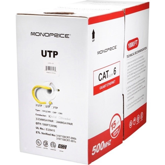 Monoprice Cat6 Ethernet Bulk Cable - Network Internet Cord - Solid, 500Mhz, UTP, CMR, Riser Rated,  Pure Bare Copper Wire, 23AWG, 1000ft, Yellow