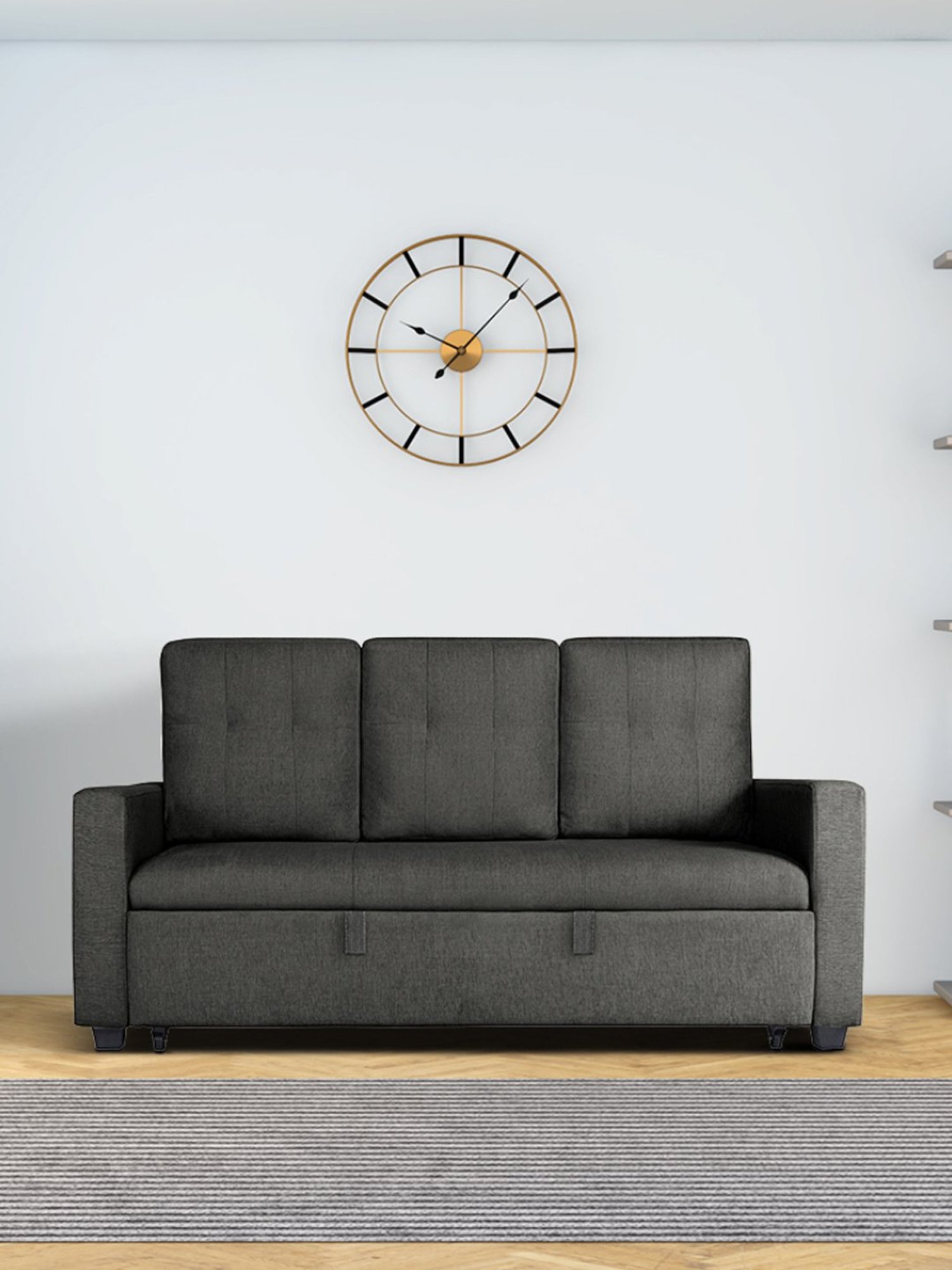 Duroflex Ease Quilted Grey Wood 3 Seater Sofa Cum Bed with Pullout Mechanism