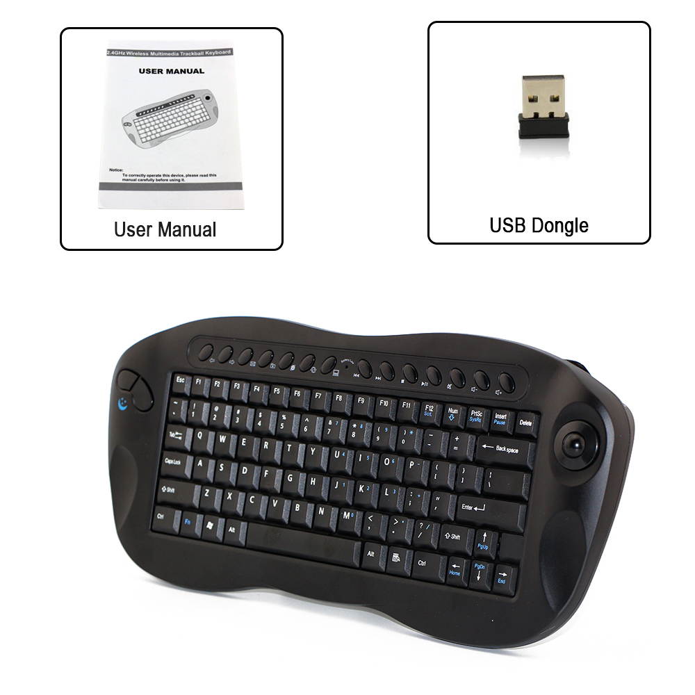 Vibob Wireless Keyboard with Trackball and USB Receiver - Qwerty, Internet + Media Hotkeys, Pc + Mac(Black)