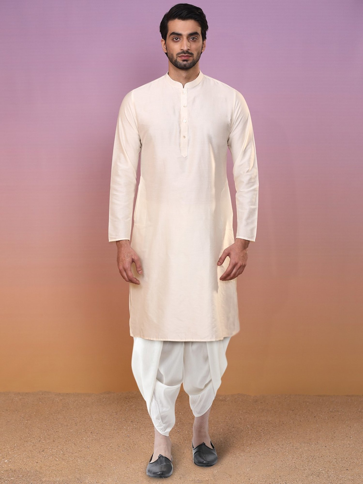 Kisah Beige & White Regular Fit Jacquard Sherwani Set