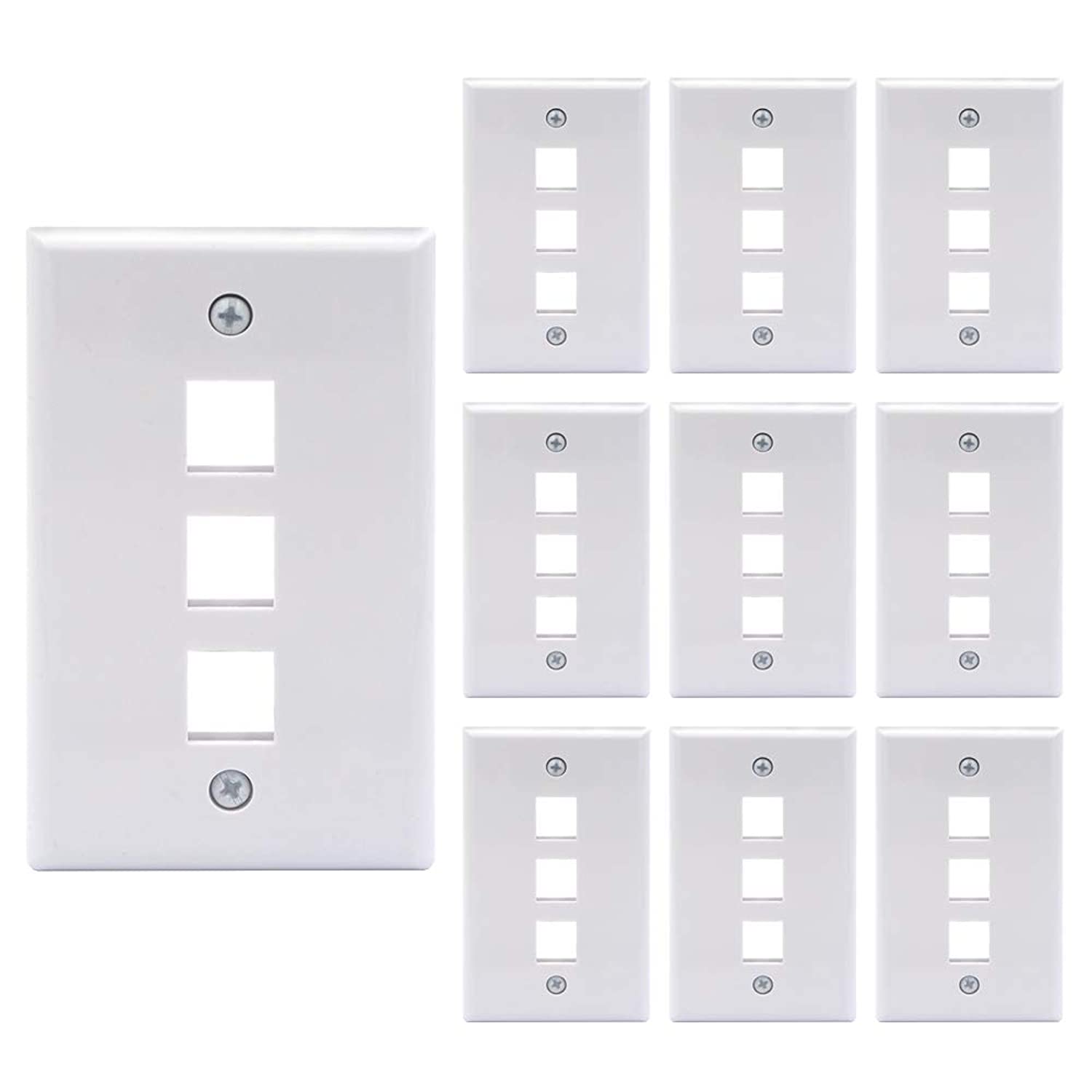 VCE 10 Pack 3-Port Keystone Wall Plate for Keystone Jack and Modular Inserts- White UL Listed