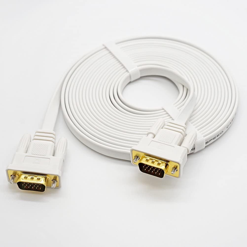 DTECH Slim Flexible 15 Feet VGA Cable Male to Male 1080p High Resolution Computer Monitor Cord - White - 5m