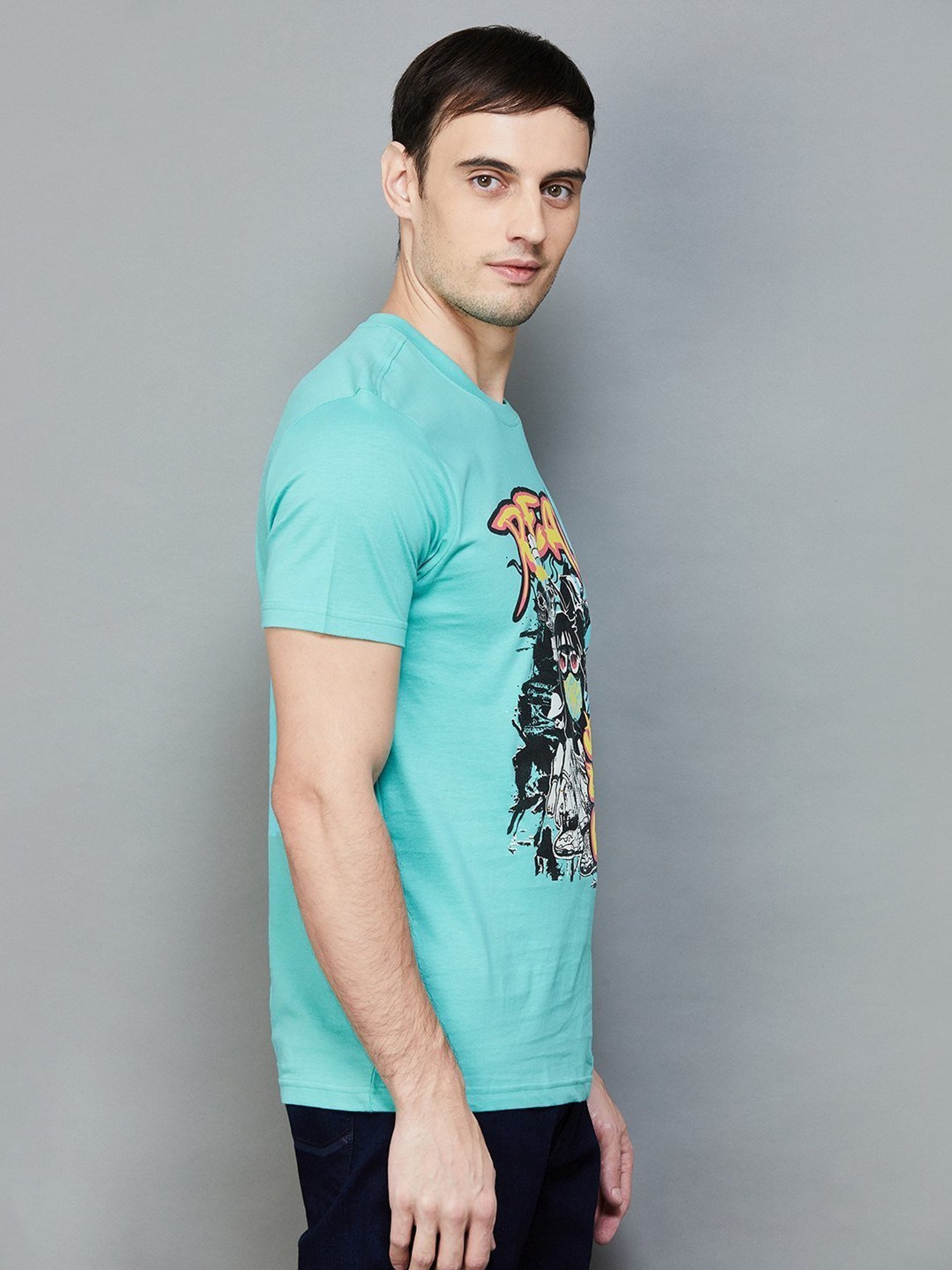 Forca by Lifestyle Turquoise Cotton Slim Fit Printed T-Shirt