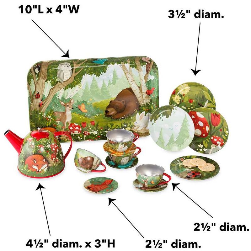 HearthSong 15-Piece Woodland-Themed Tin Tea Set with Carrying Case for Kids