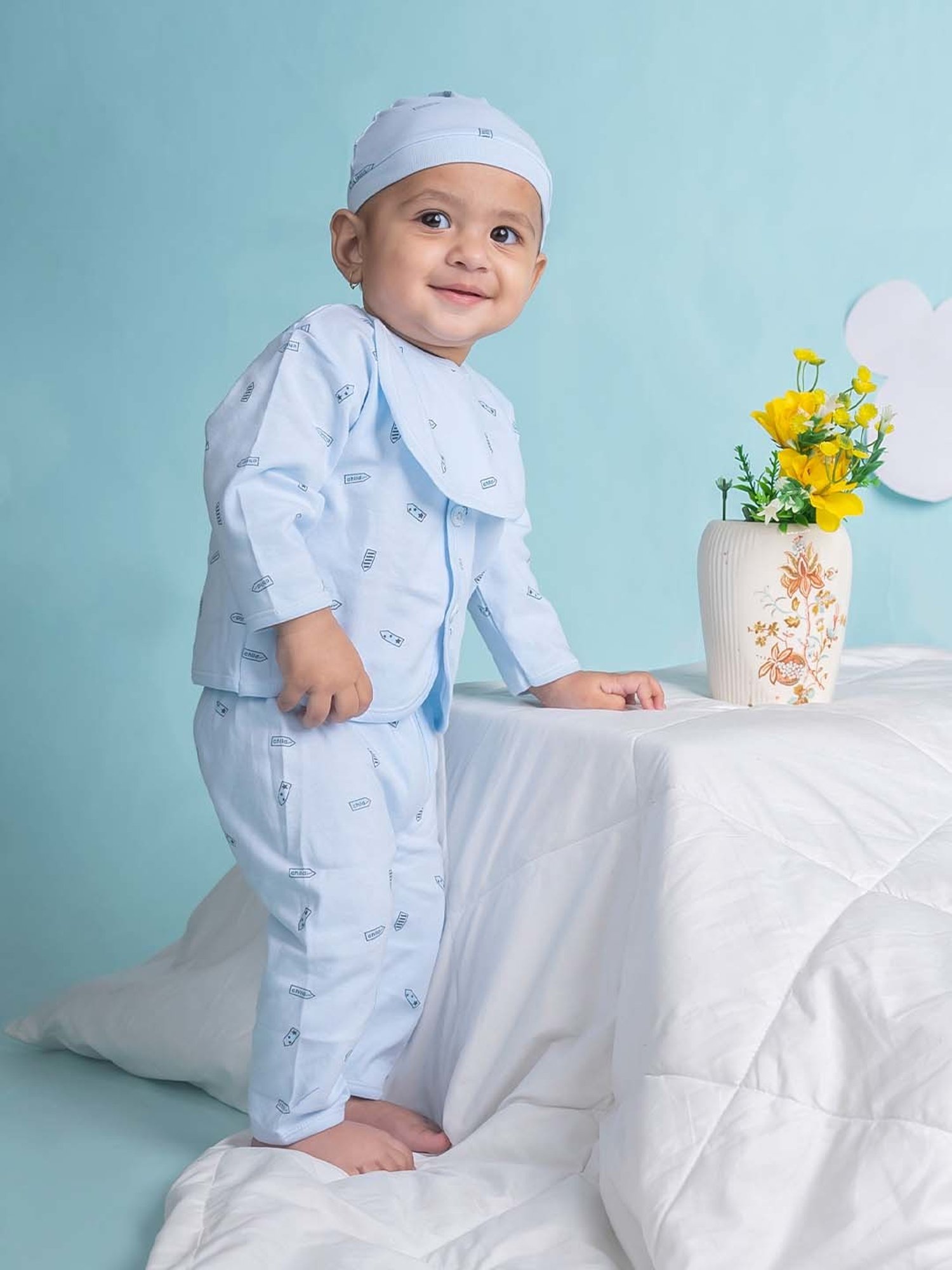 Baby Moo Kids Blue Printed Full Sleeves T-Shirt Set