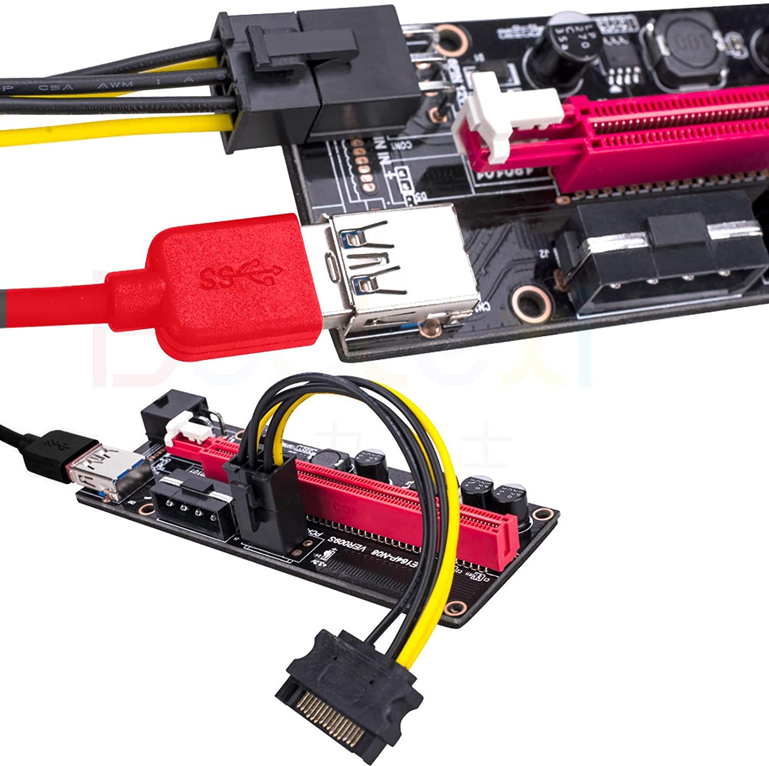 PCI-E Riser Extender Riser Card Adapter USB3.0 1x to 16x S-ATA 4 Pin Power Cable PCI-E Expre Dedicated PCIE Extension Cable Adapter Card for GPU Mining 4 Solid Capacitors (Red)