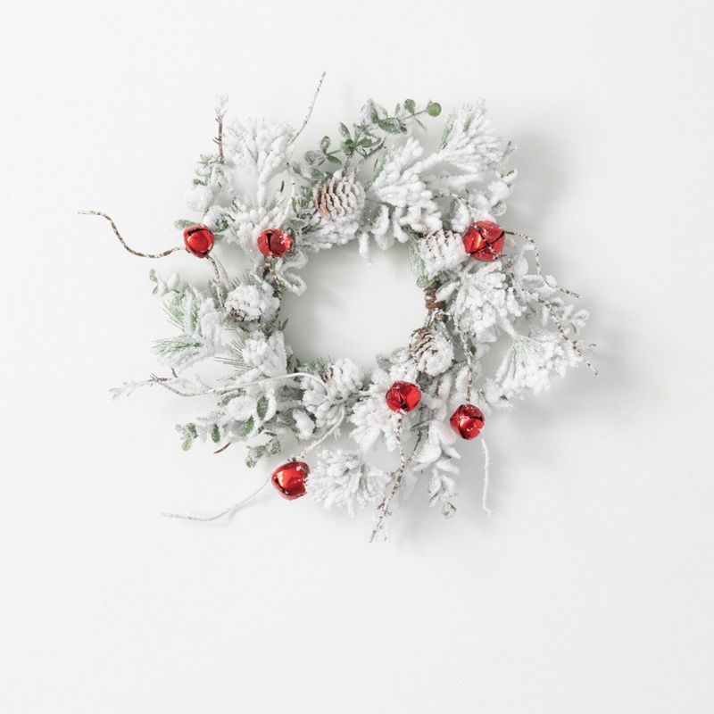Sullivans Flocked Pine & Bell Artificial Mini Wreath 12"H White