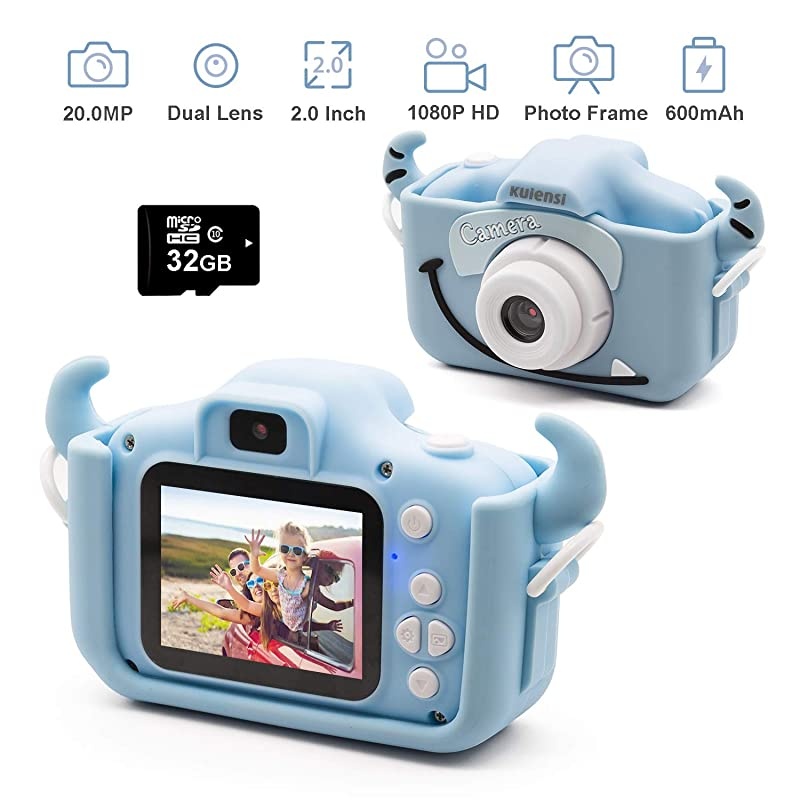 Digital Camera, Girls Birthday Toy Gifts for 4-13-Year-Old Children, Dual Lens 20.0MP Toddler Cameras, Child Camcorder Video Recorder 1080P IPS 2.0 Inch with 32G TF Card, Cow Soft Silicone Case