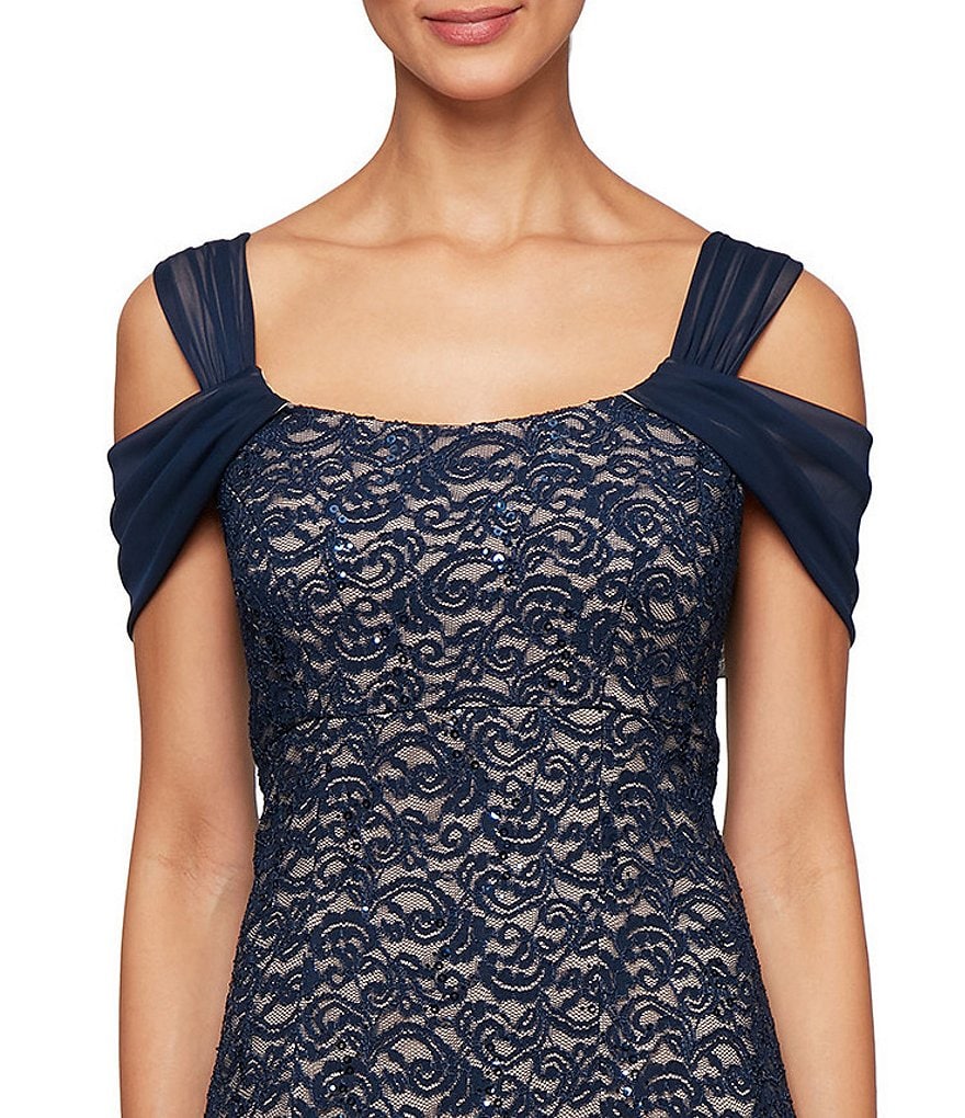 Alex Evenings Sequin Lace Cold Shoulder Godet Gown
