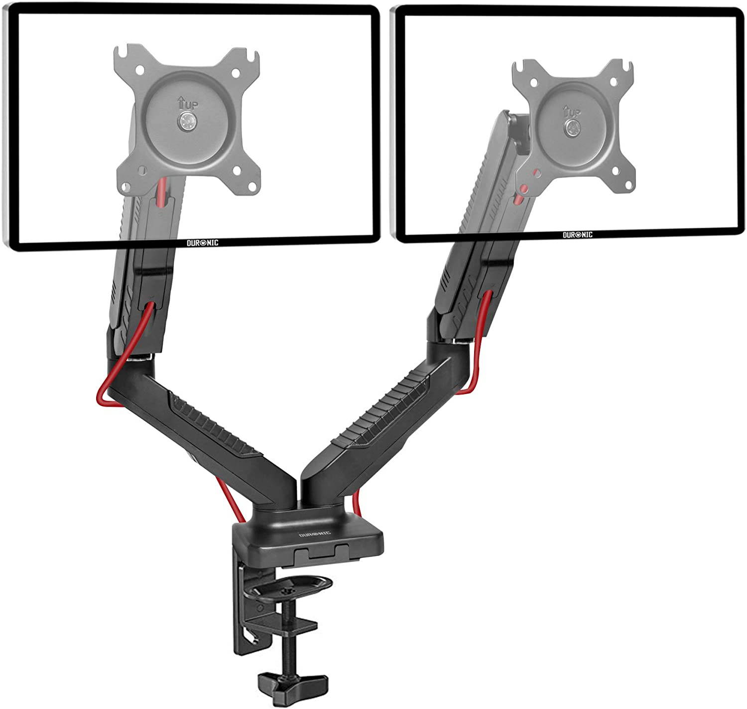 Duronic DMDC52 DualGas Desk Mount Arm Monitor Stand Bracket Powered Full Motion | LCD LED VESA Monitors | Desk Bracket with Tilt and Swivel (Tilt +90&deg;/-45&deg;|Swivel 180&deg;|Rotate 360&deg;)