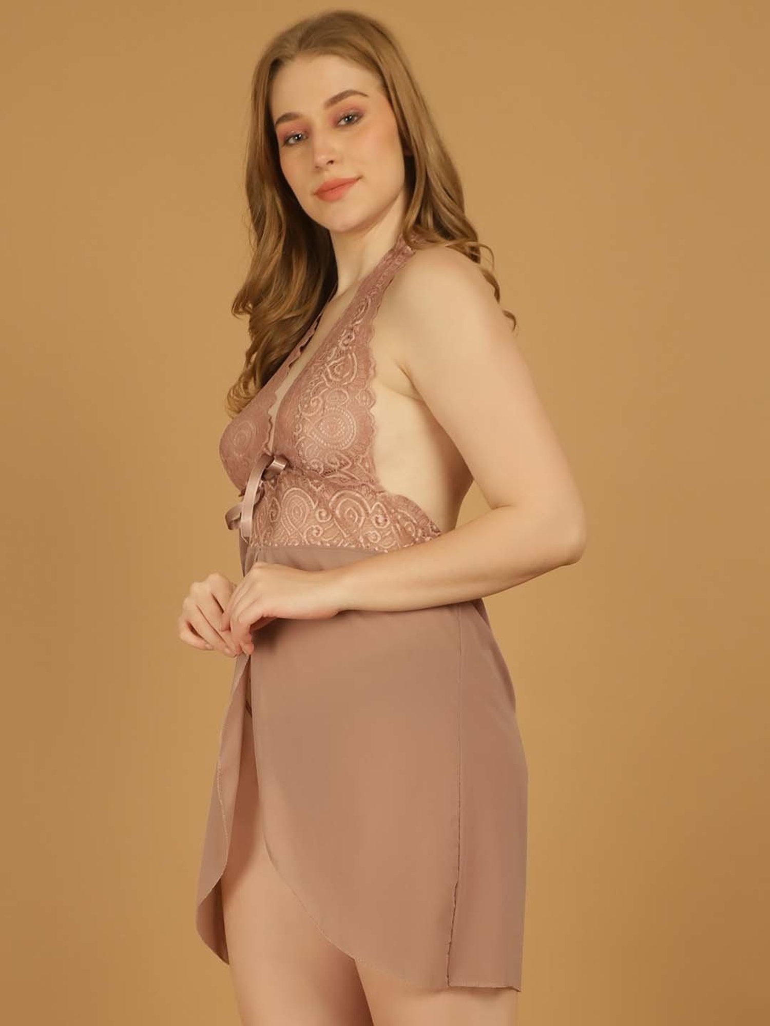 Stylee LIFESTYLE Beige Lace Work Babydoll With Brief