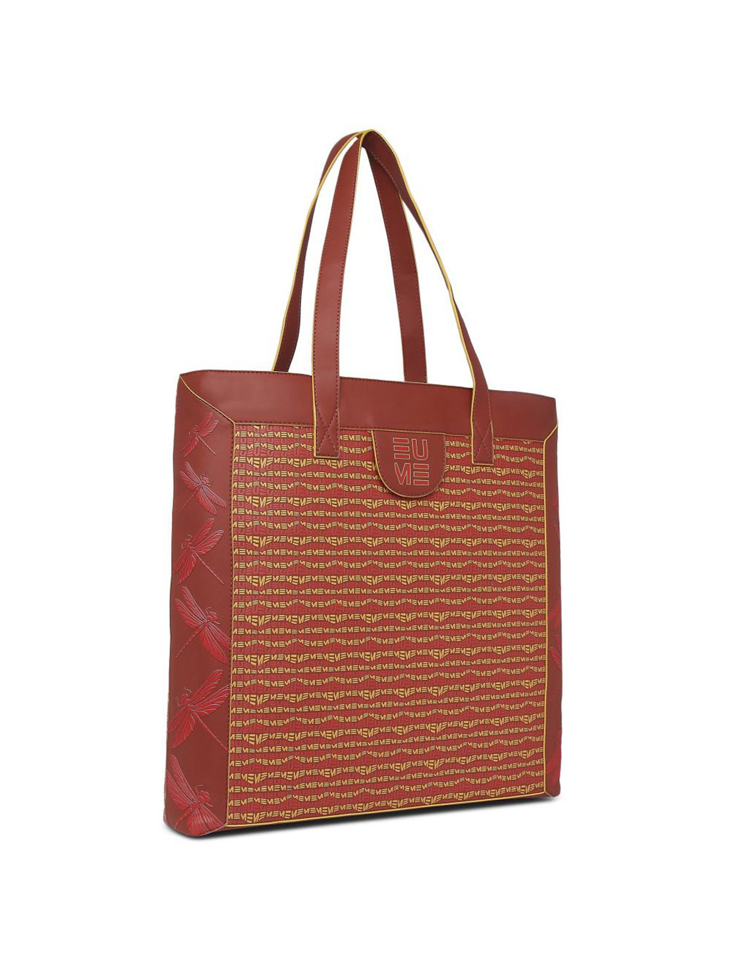 Eume Dragonfly Hot Sauce Red Leather Printed Tote Handbag with Pouch