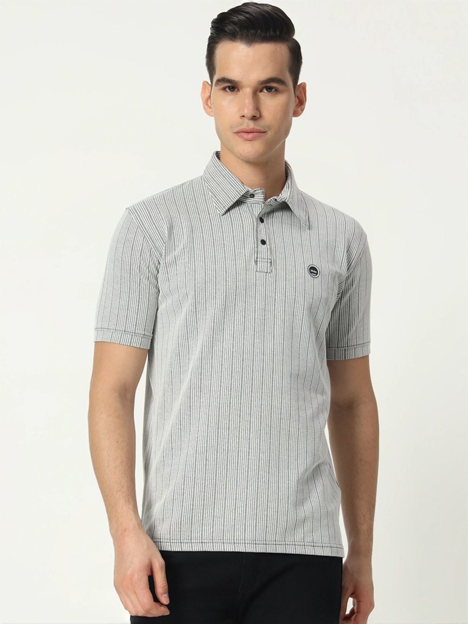 Tab91 Grey Regular Fit Striped Polo T-Shirts