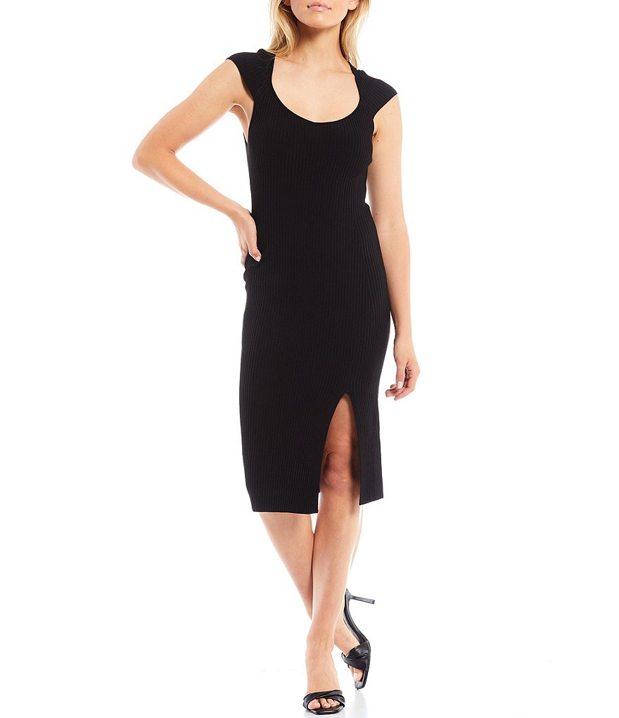 French Connection Simona Scoop Neck Cap Sleeve Front Slit Bodycon Knit Dress