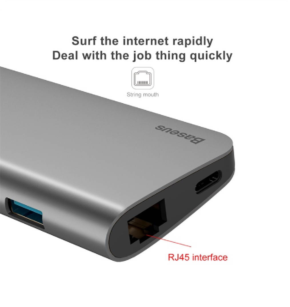 Baseus 8-in-1 Type-C HUB with 3 USB 3.0 Port SD / TF Card Reader 4K 30HZ HDMI Gigabit Ethernet USB-C HUB Digital 8in1 Adapter Expansion Dock for Type-C Notebook.