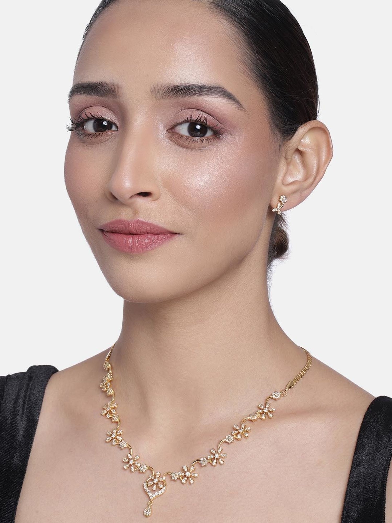 Estele Gold-Plated White CZ Flower Braid Necklace & Earring Set for Women