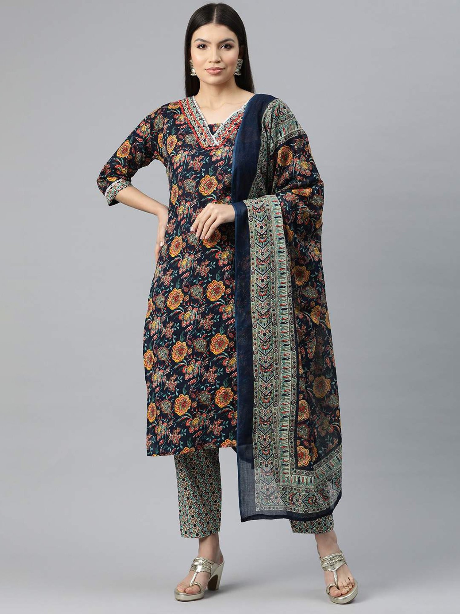 READIPRINT FASHIONS Blue Cotton Floral Print Kurta Pant Set With Dupatta