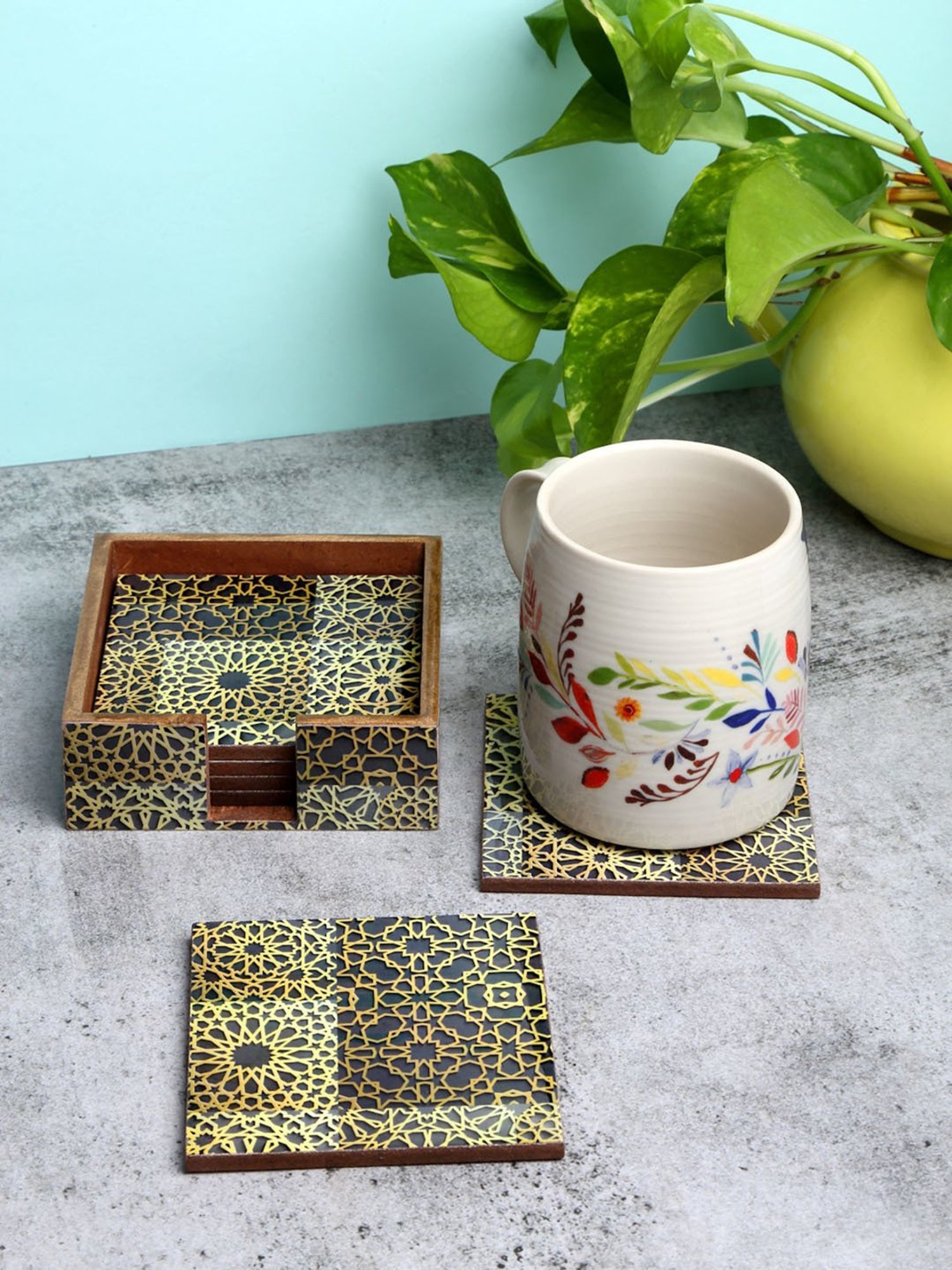 Crayton Hexagon Beige Geometric MDF Coaster - Set of 4