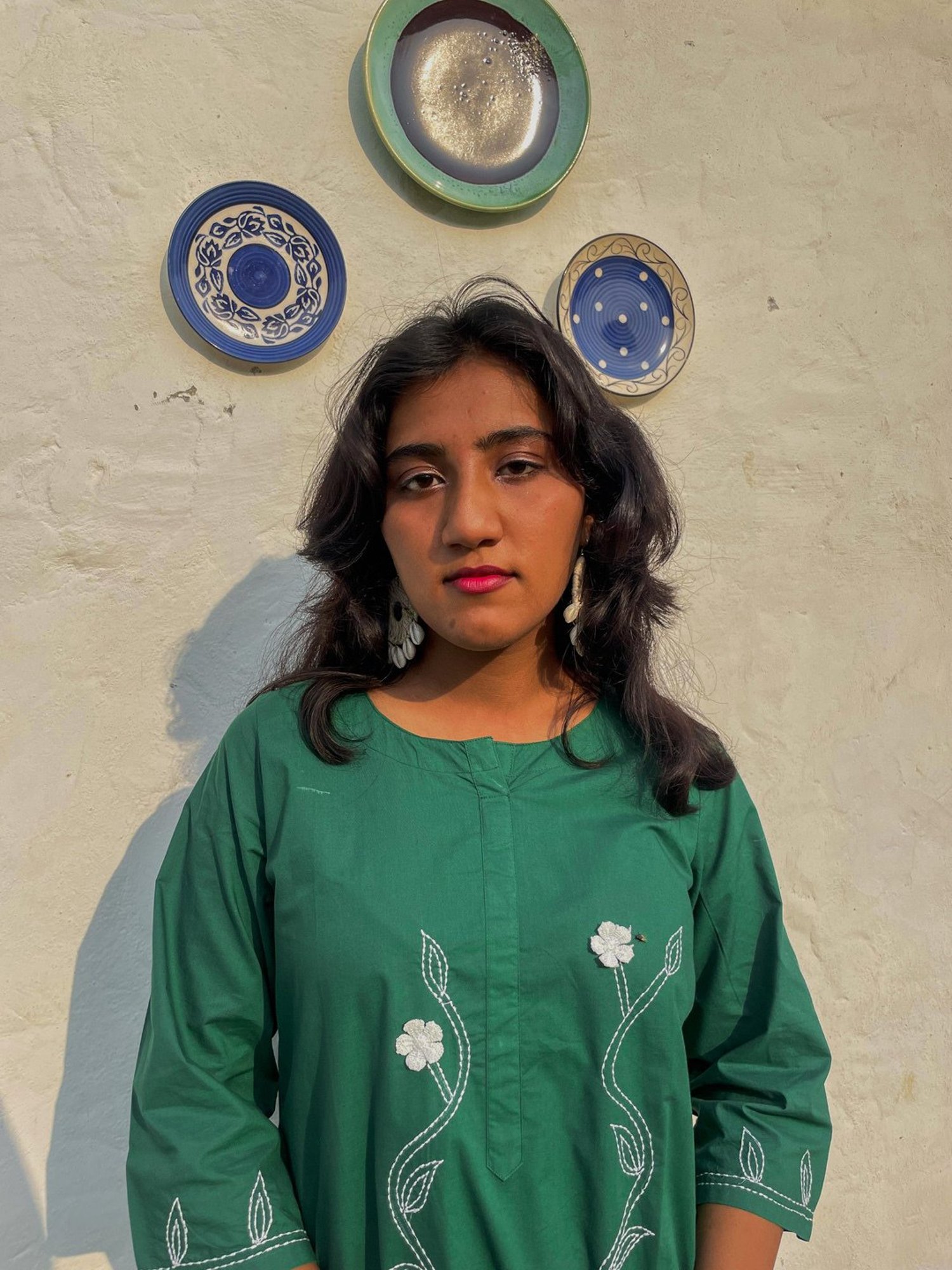 Zuri Green 3D Patch Work Embroidered Cotton Kurta