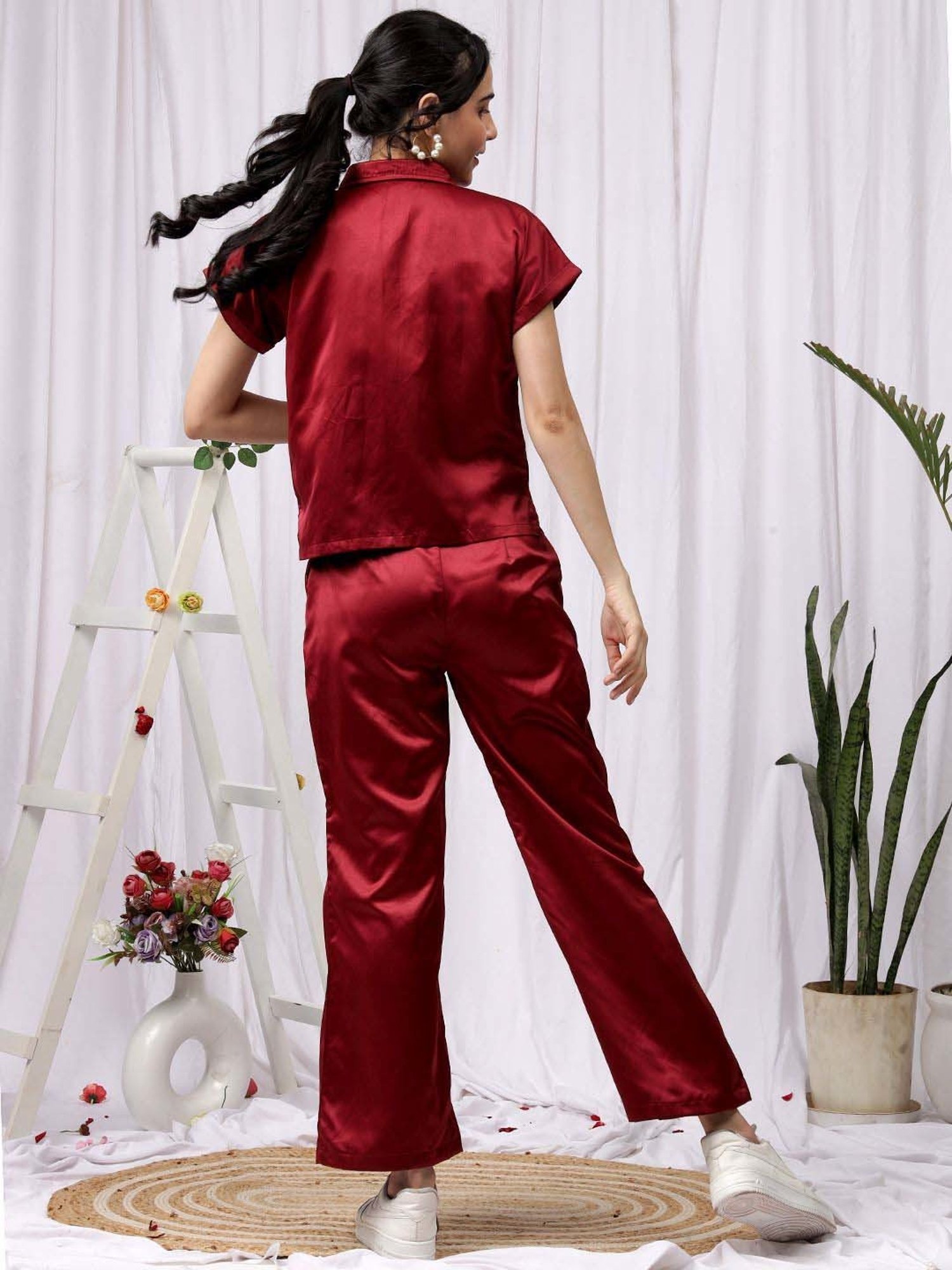 NEUDIS Maroon Plain Shirt Pants Set