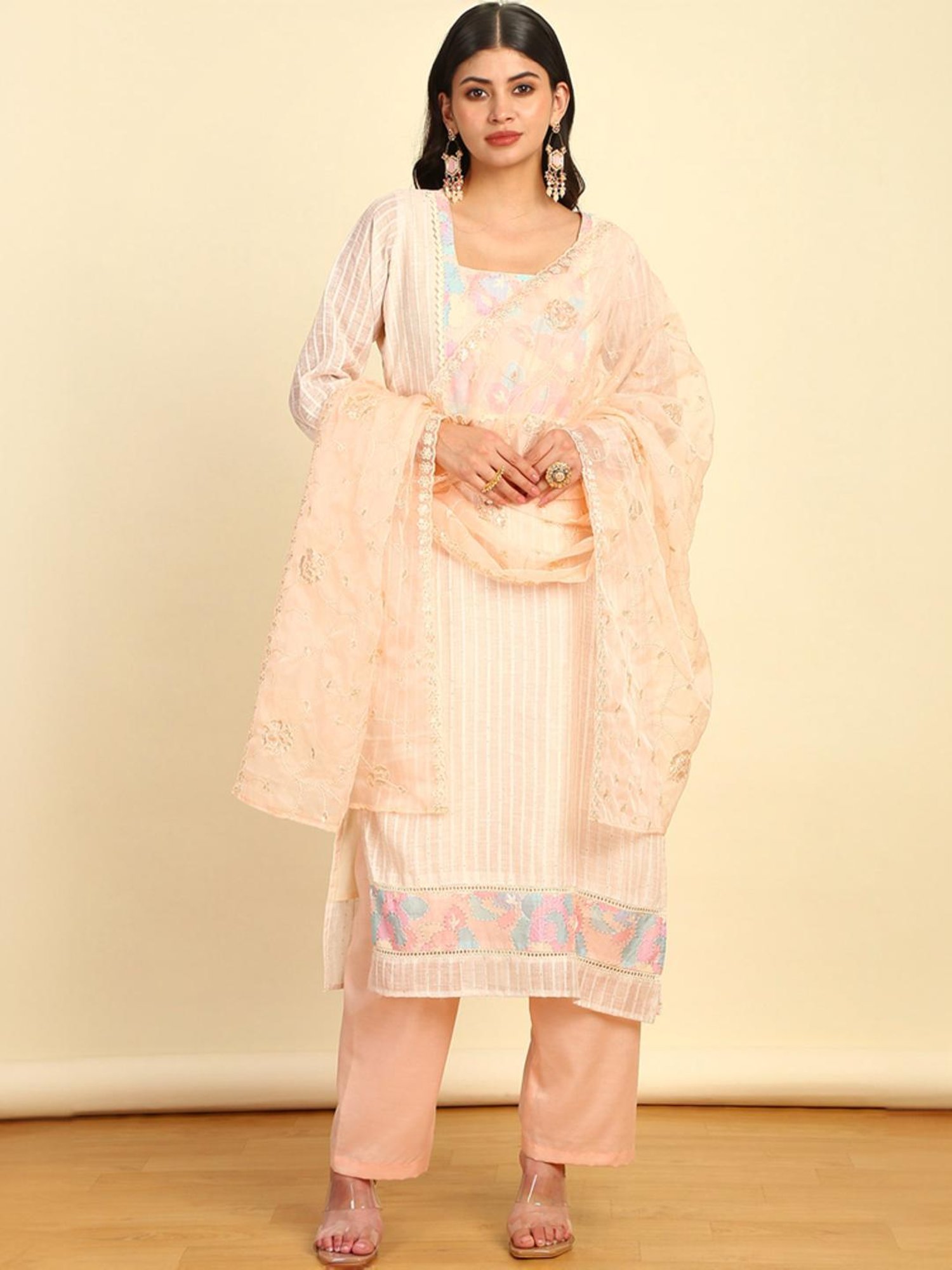 Soch Womens Peach Chanderi Unstitched Dress Material With Sequins