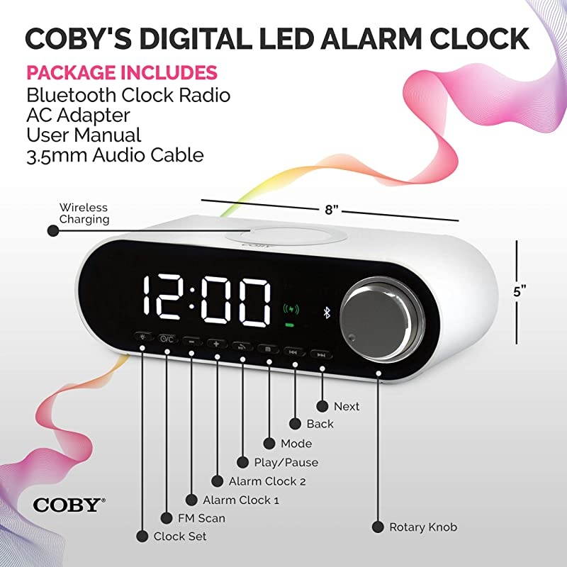 Digital LED Alarm Clock Built In 10W HD Bluetooth Speakers FM Radio QI Certified Fast Wireless Charger for iPhone Samsung and MoreUSB port Battery Backup Aux In Dimmer for Bedroom Office Desk