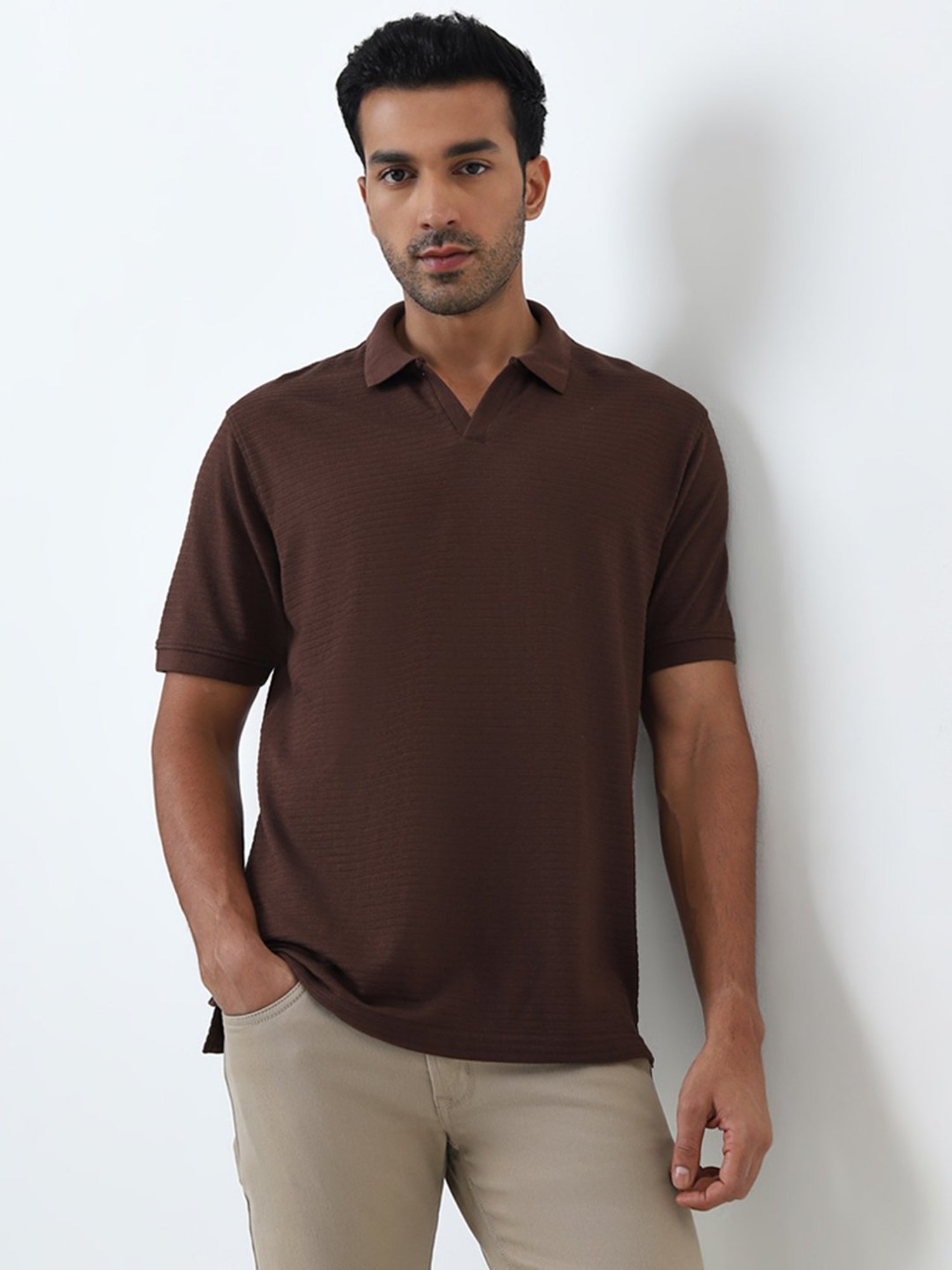 WES Casuals by Westside Brown Self-Striped Relaxed-Fit Polo T-Shirt