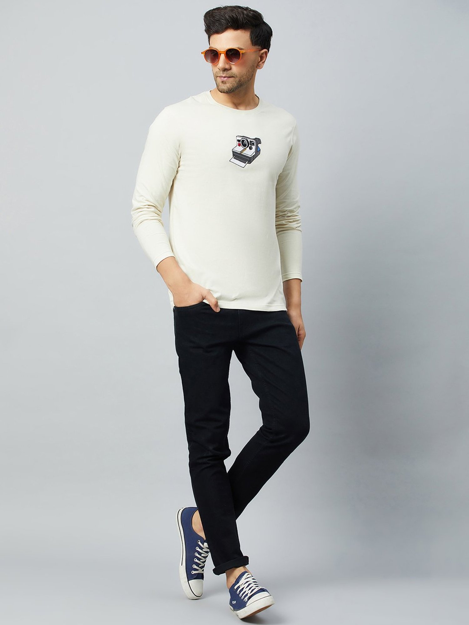 Club York Off White Regular Fit Printed Crew T-Shirt