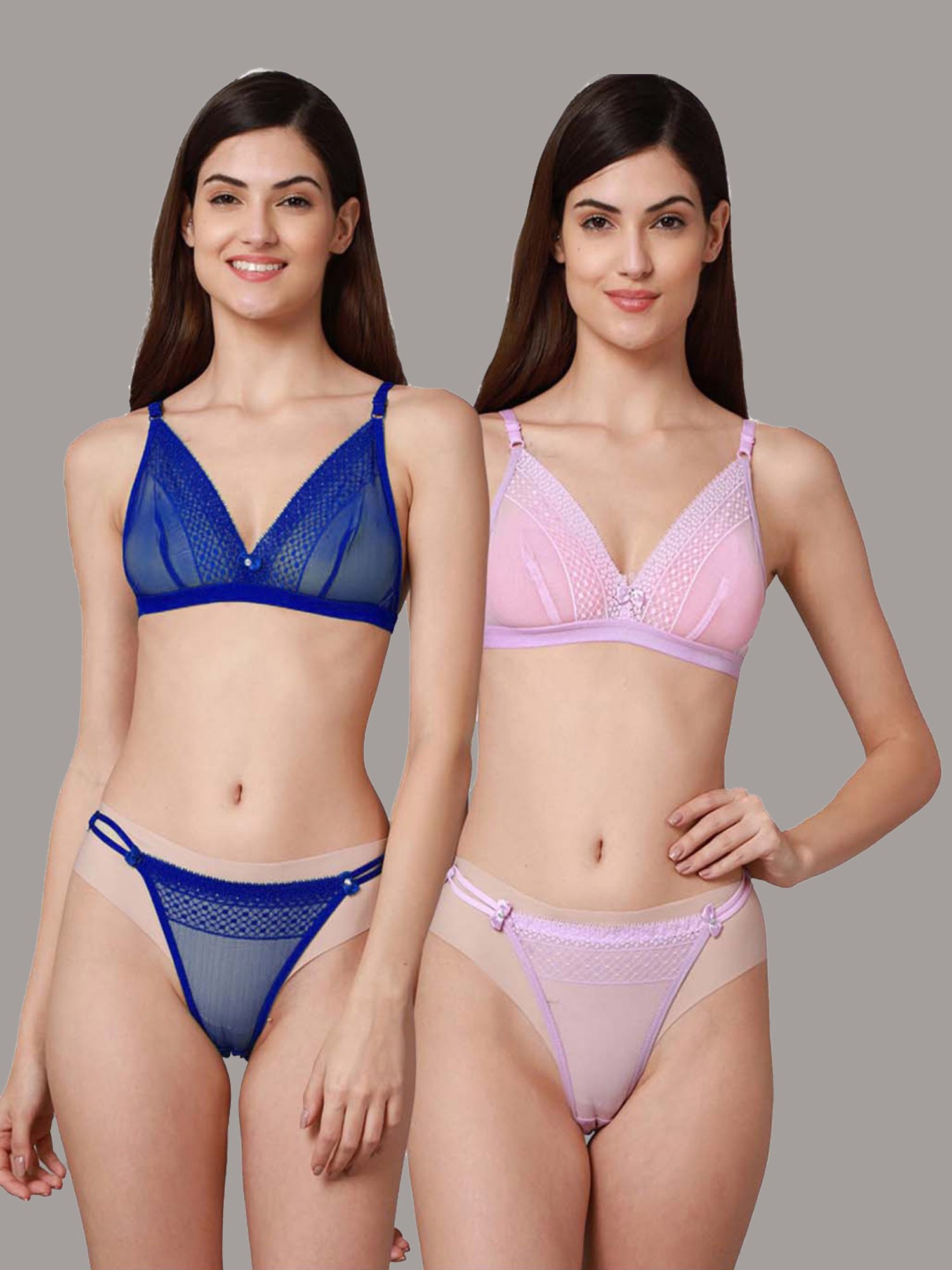 AROUSY Pink & Blue Self Pattern Bra Panty Set - Pack Of 2