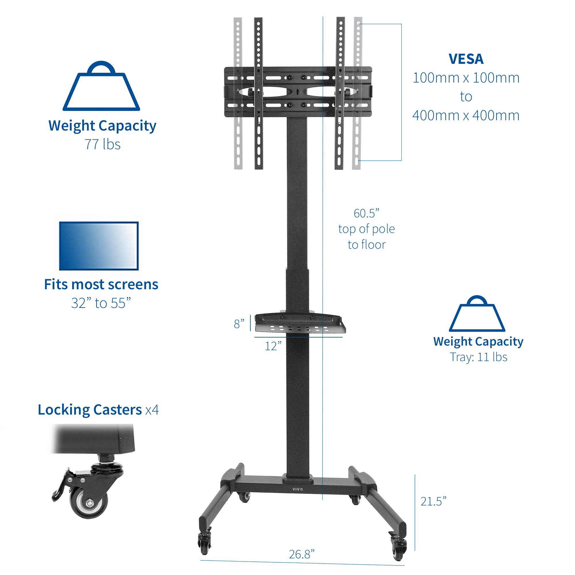 VIVO Black Rolling TV Cart for 32" to 55" LCD LED Plasma Flat Panel Screens | Mobile Stand with Wheels (STAND-TV05L)