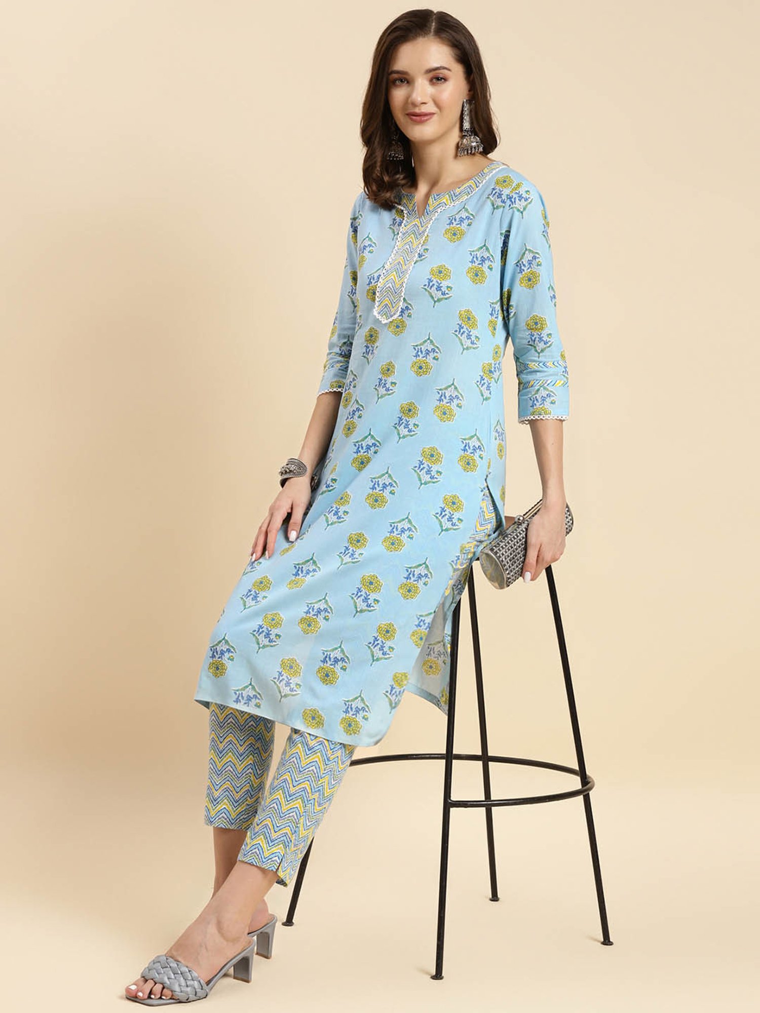 Rangita Blue Cotton Printed Kurta Pant Set