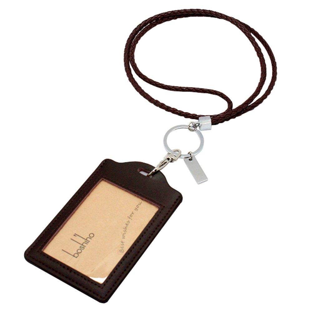 Boshiho Vertical Style Leather ID Card Badge Holder with Heavy Duty Lanyard (Brown)