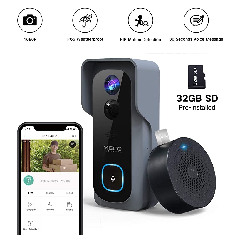 32GB Preinstalled?WiFi Video Doorbell, 1080P Doorbell Camera with Free Chime, Wireless Doorbell with Motion Detector, Night Vision, IP65 Waterproof, 166&deg;Wide Angle, 2.4GHz WiFi