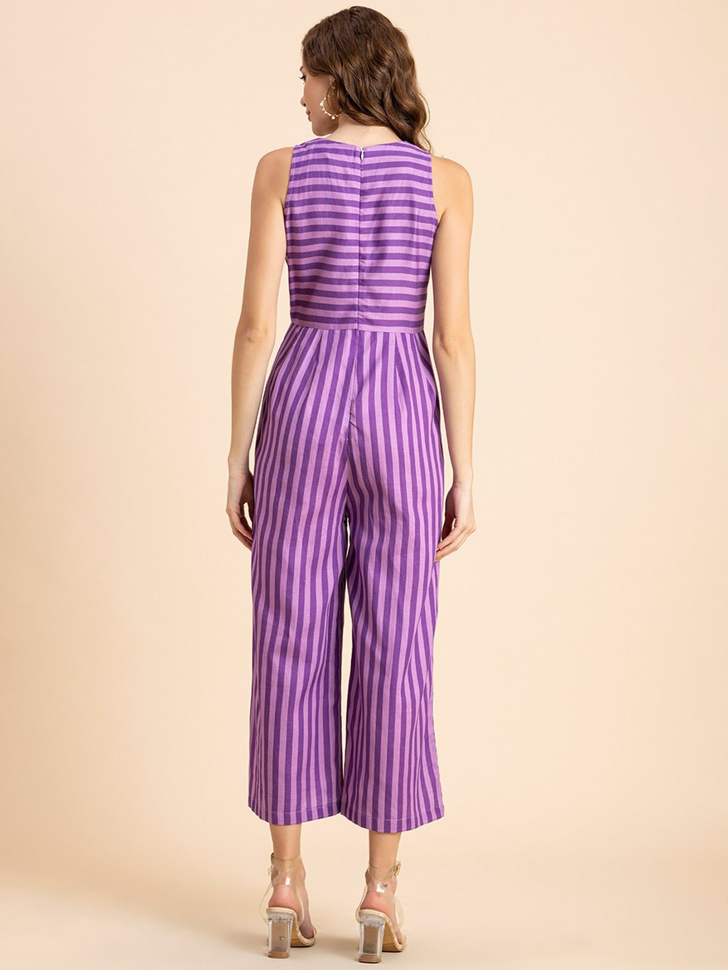 Moomaya Purple Cotton Blend Striped Jumpsuit